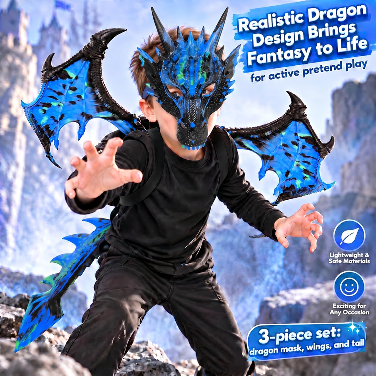 Detalle 2 de CRTEPST Dragon Costume for Kids, Sparkle Blue Mask, Wings & Tail