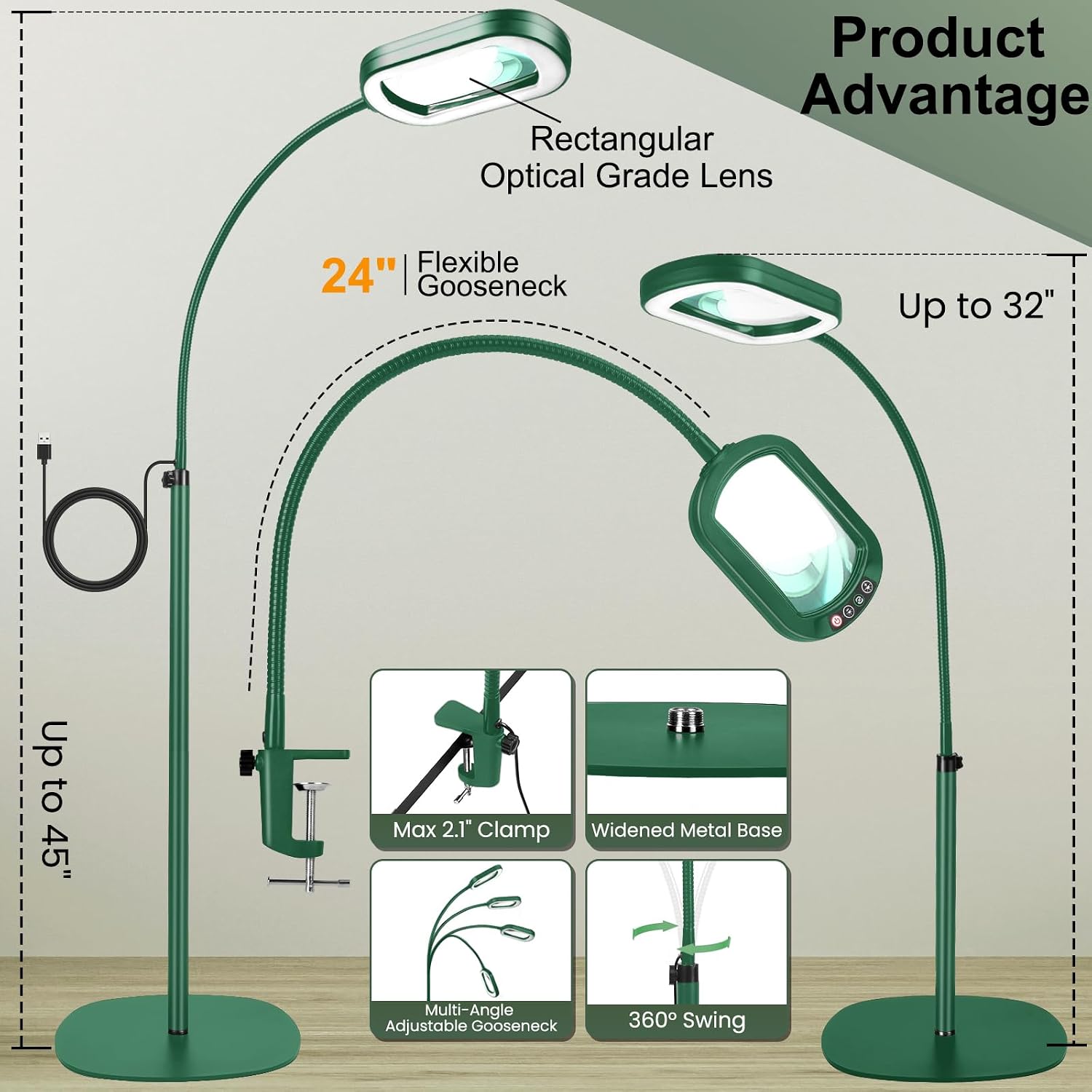 Detalle de Veemagni 12X Rectangular Magnifying Glass with Light and Stand – 3-in-1 LED Floor Lamp with 24" Flexible Gooseneck