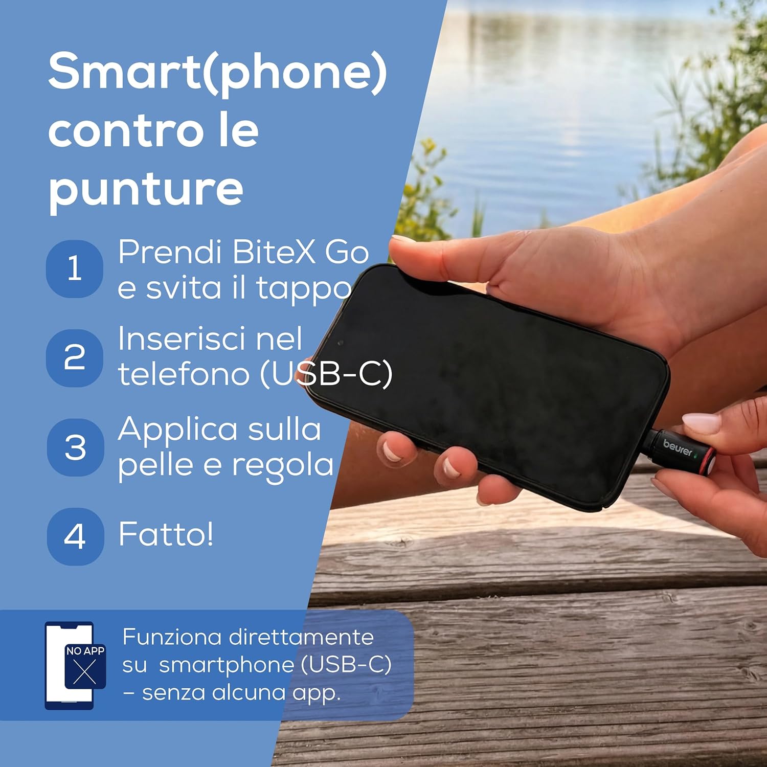 Detalle de Beurer BiteX Go Dopopuntura: trattamento termico USB-C per punture di insetti, luce integrata