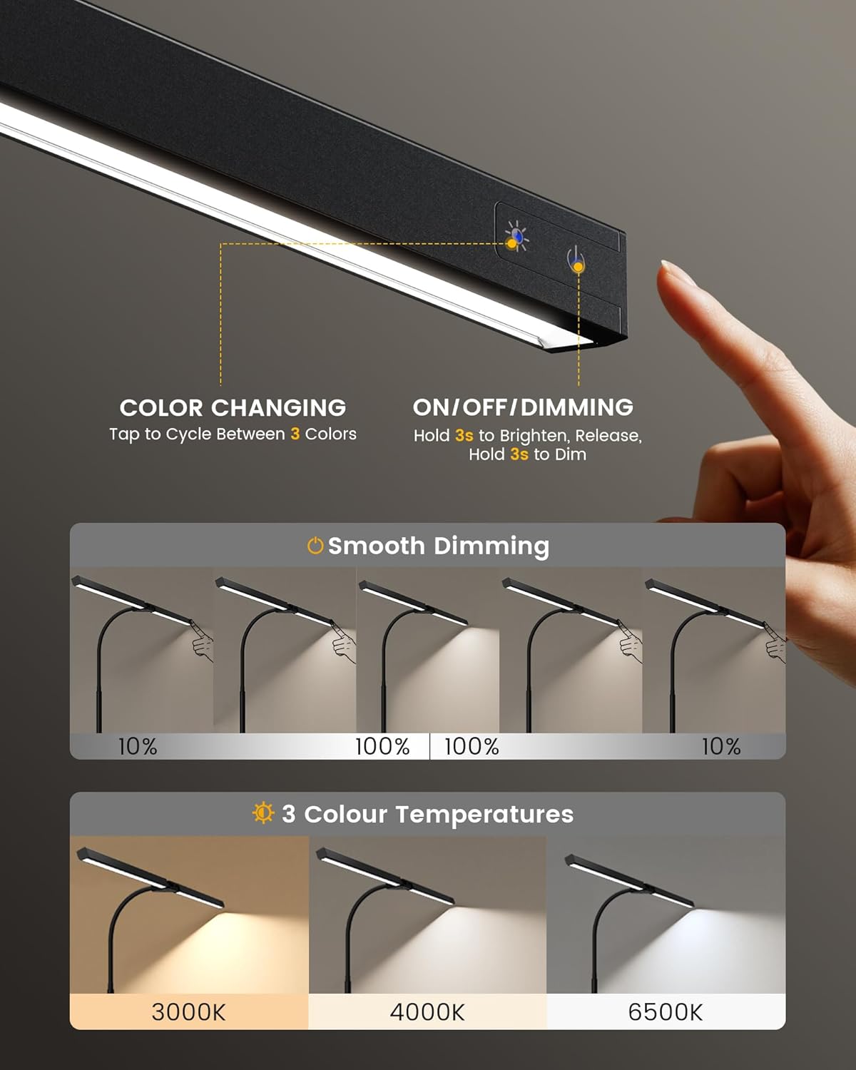 Thumbnail 4 de RIXGLEAM Doppelkopf LED-Schreibtischlampe dimmbar – klemmbar, 270° schwenkbar & 3000–6500 K