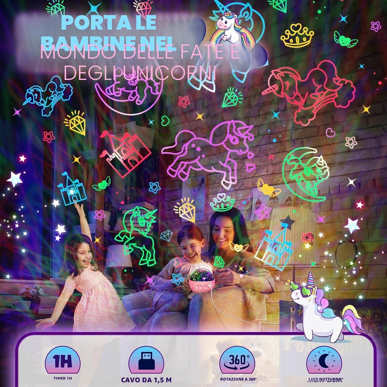 Detalle de iKidiki Lampada Proiettore Unicorno con Stelle da Soffitto per Bambine 2-9 anni