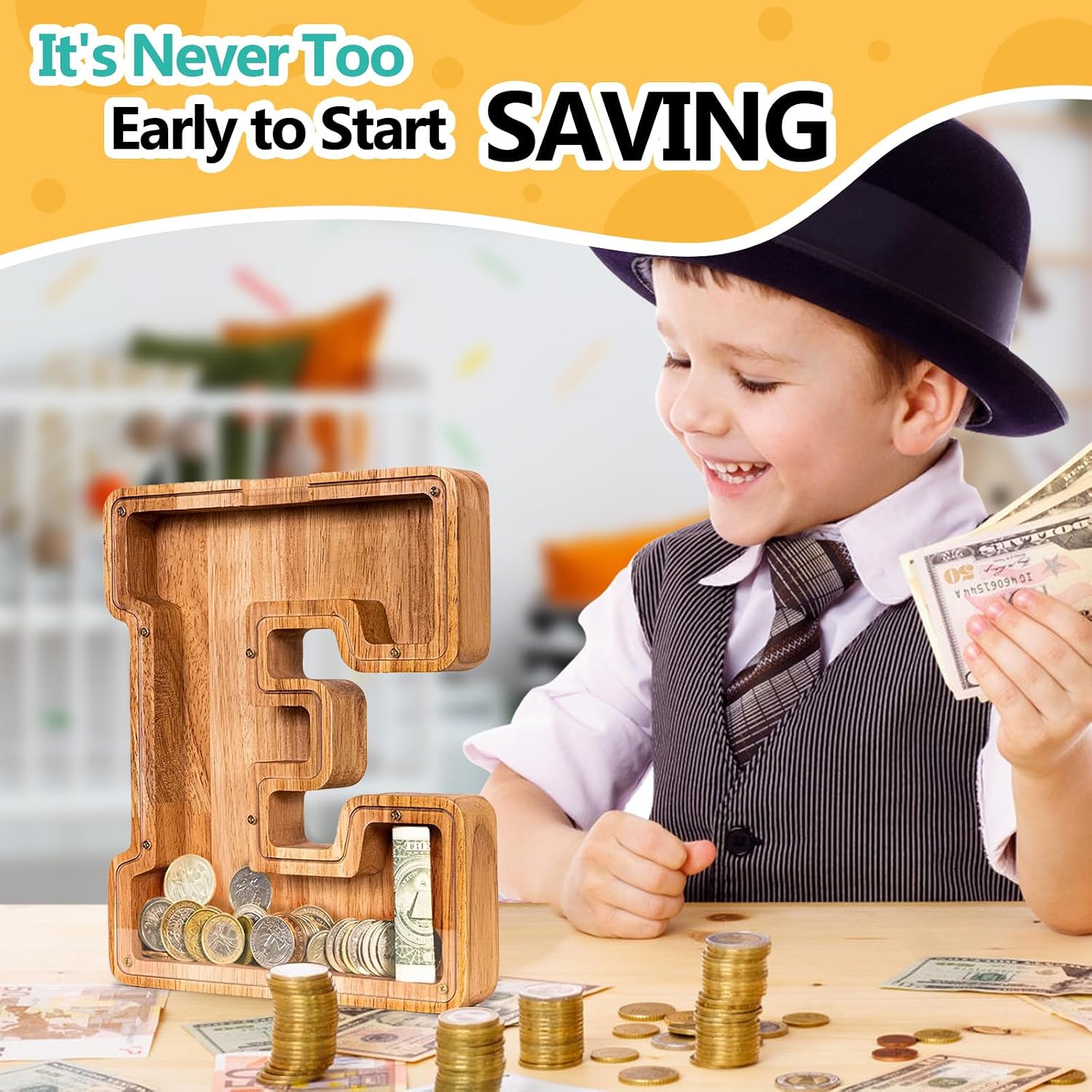 Thumbnail 1 de SummiDate Wooden Letter Piggy Bank for Kids