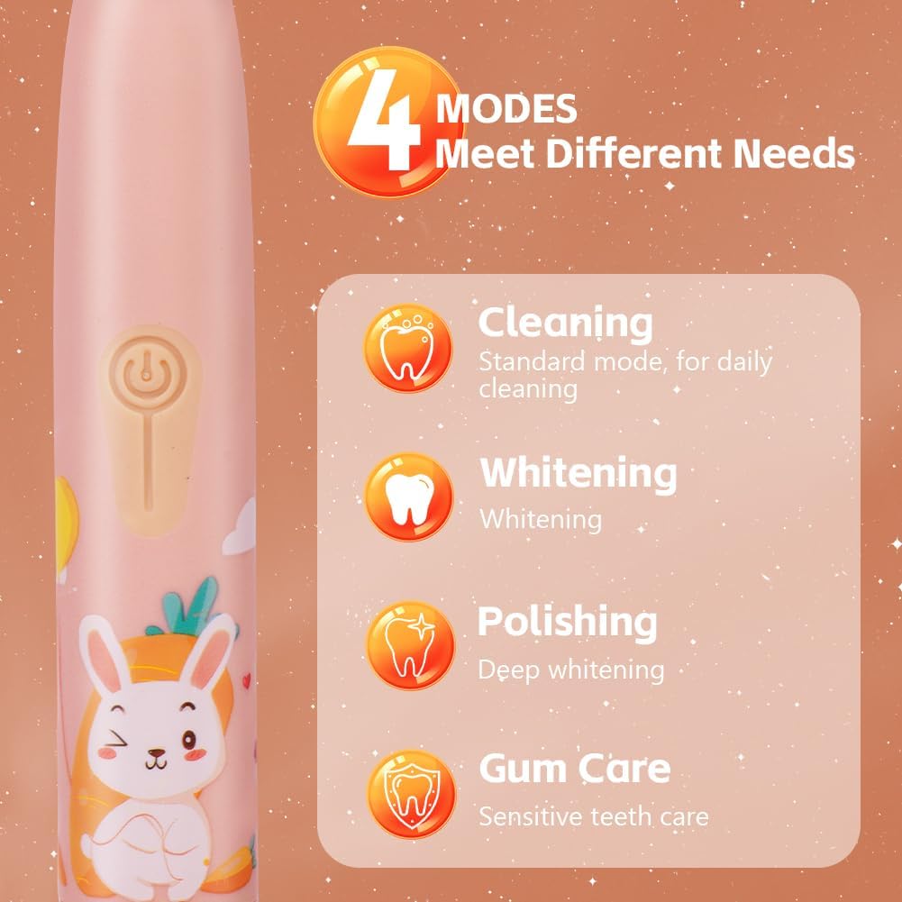 Detalle de Vicloon Kids Electric Toothbrush (Pink) – 6 Replaceable Heads, 4 Modes, 18000 Strokes, IPX6, 2-Minute Timer