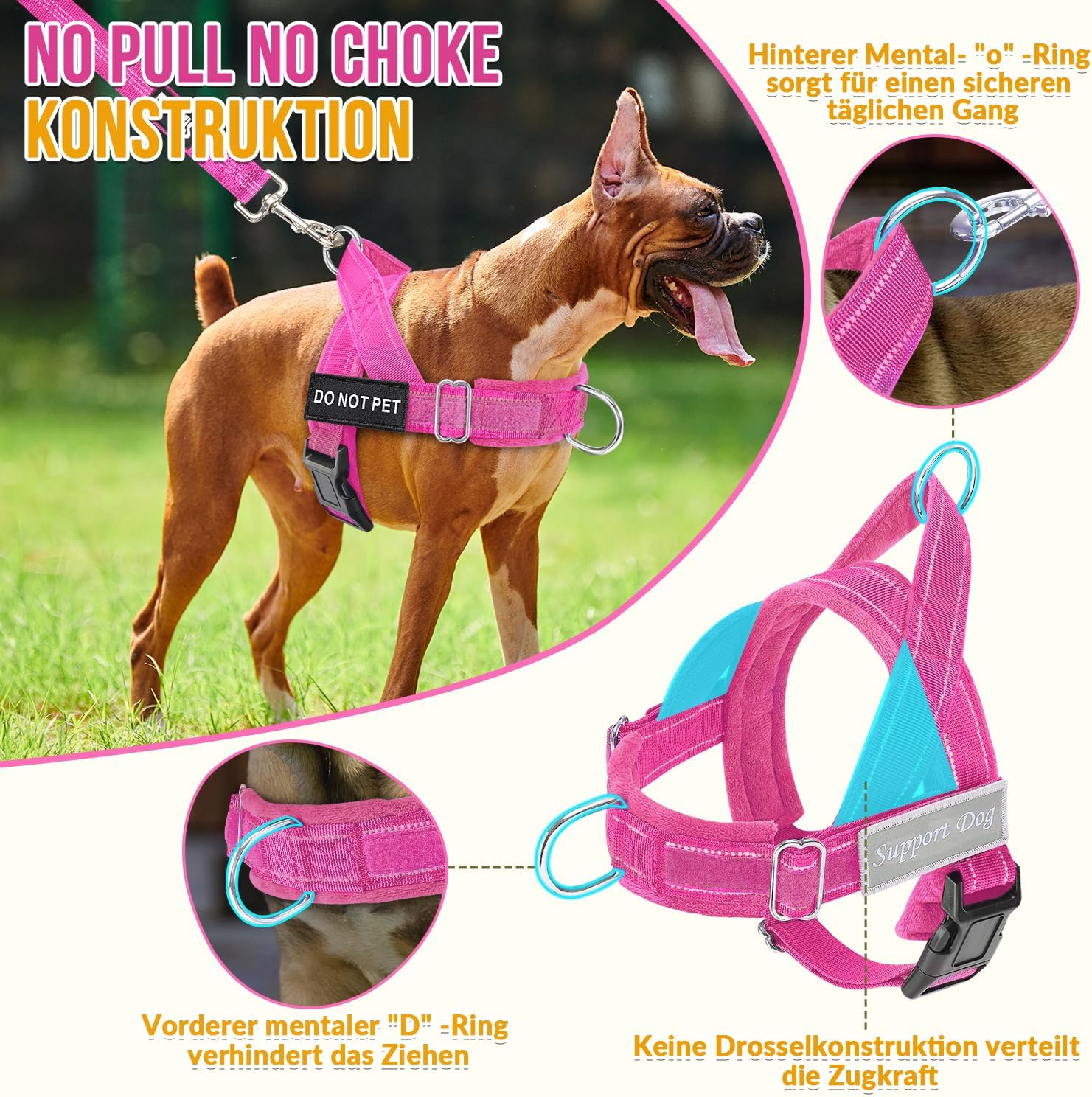 Detalle de Eyein Hundegeschirr mit Leine für große bis mittelgroße Hunde – Weiche Pufferung, Reflektierend, 2 Leinenclips, Magenta, Größe M