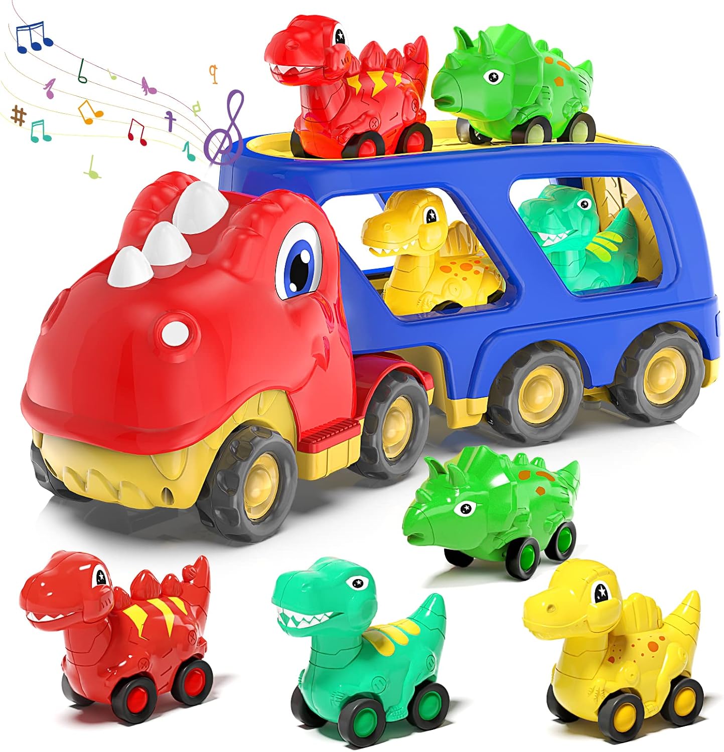 Detalle de Veslier Dinosaur Transport Truck Toy with 4 Pull-Back Cars, Lights and Sounds
