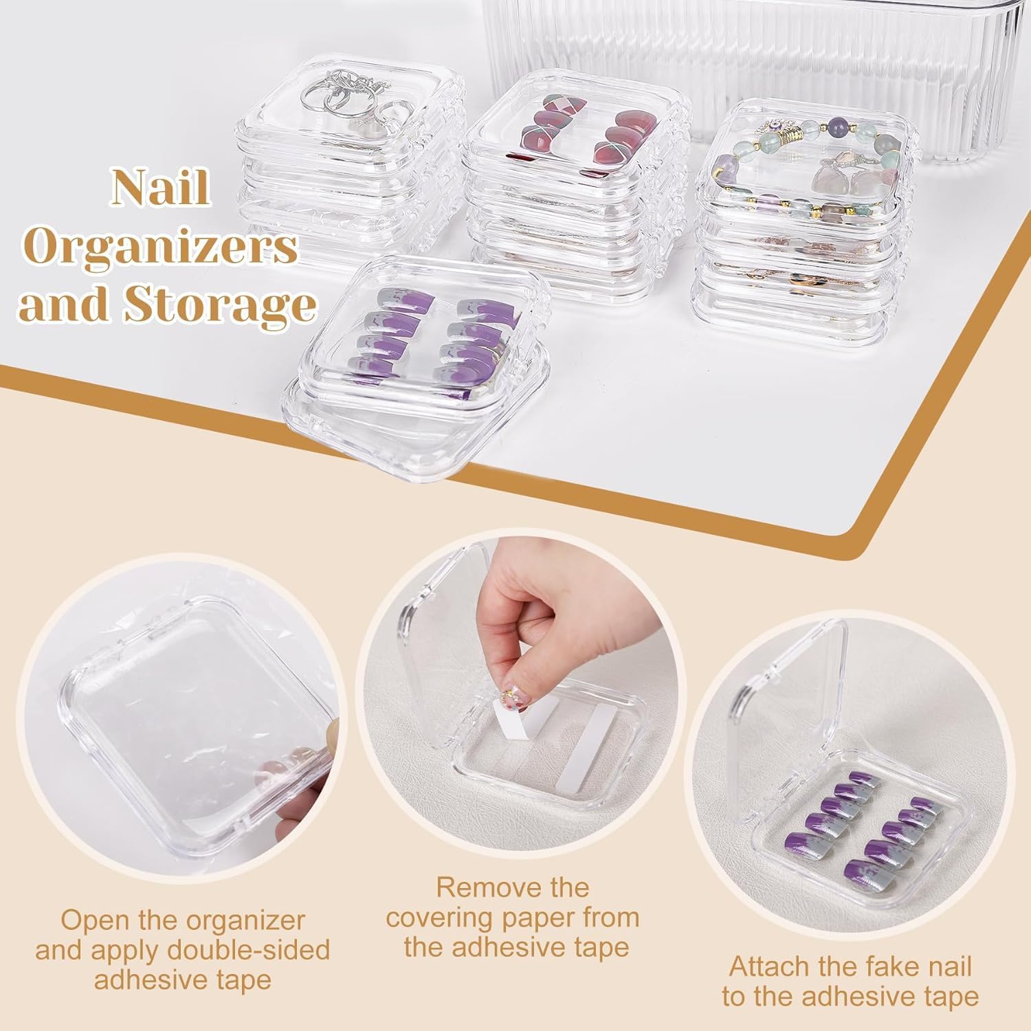 Thumbnail 2 de Inmorven Press On Nail Organiser Kit (14 clear cases + 1 big acrylic storage box + 60 double-sided tape strips)