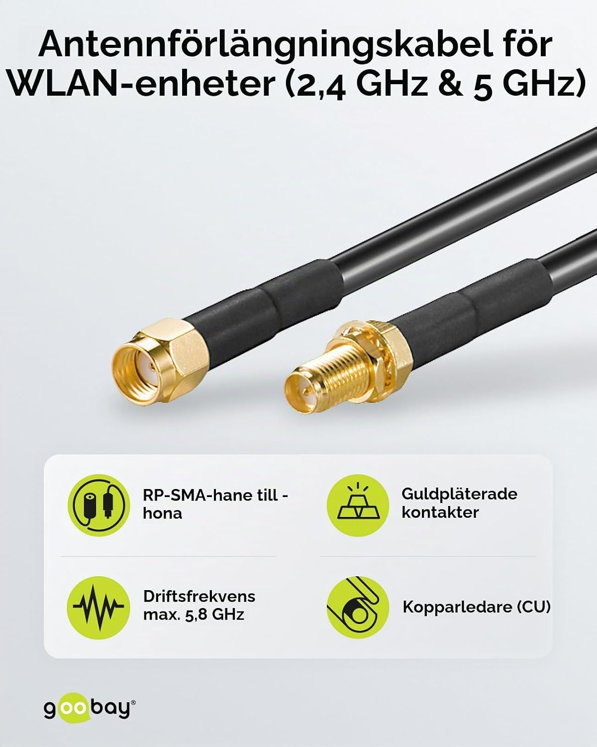Detalle de Goobay 51676 WLAN-antennförlängningskabel med RP-SMA-kontakter, svart