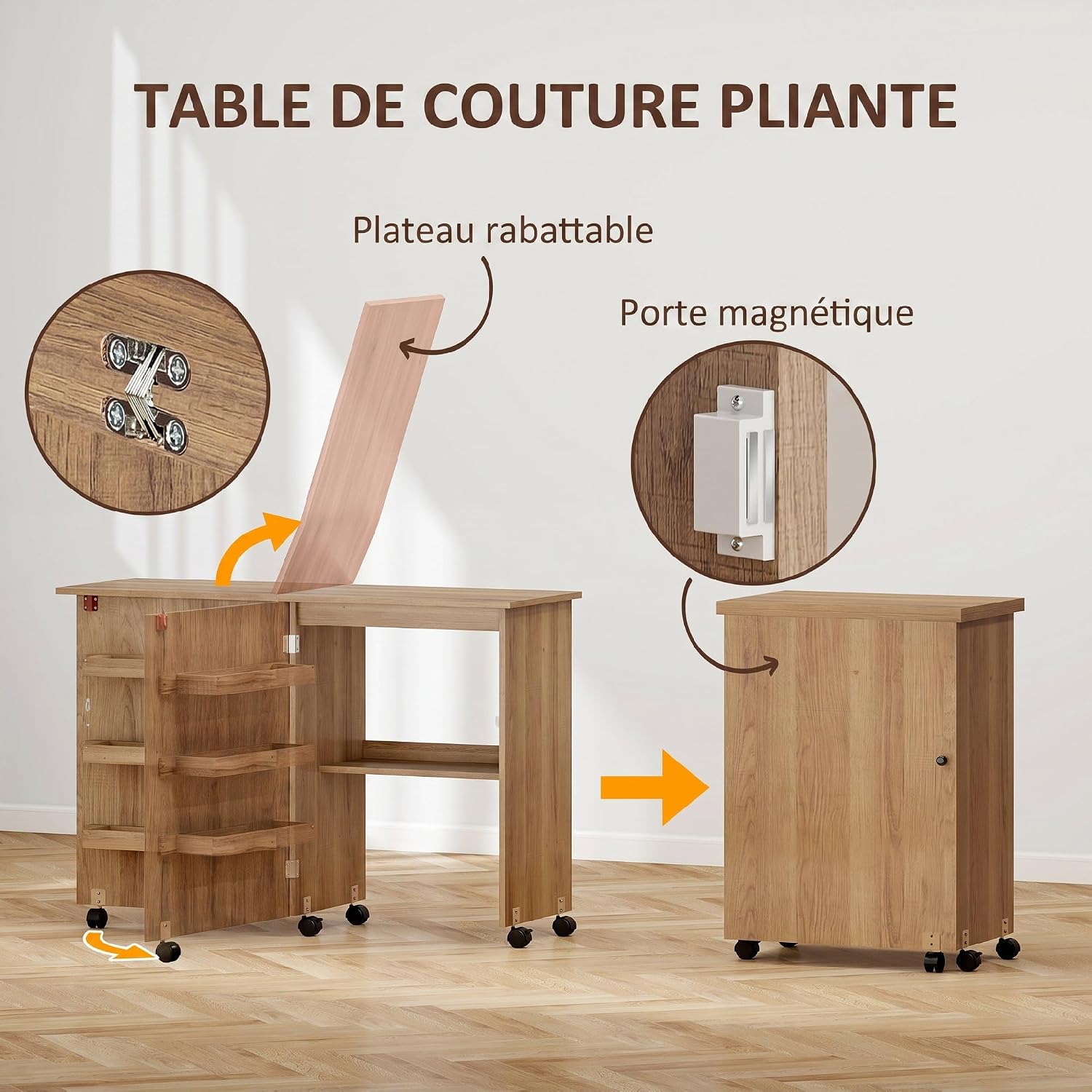 Detalle de HOMCOM L10-002V80BN opvouwbare naaitafel met opklapbaar blad en opbergruimte