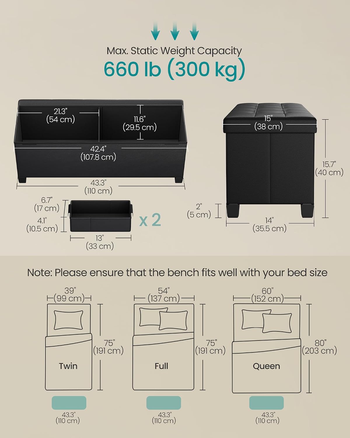 Detalle de SONGMICS Storage Ottoman Bench, 43.3 Inches