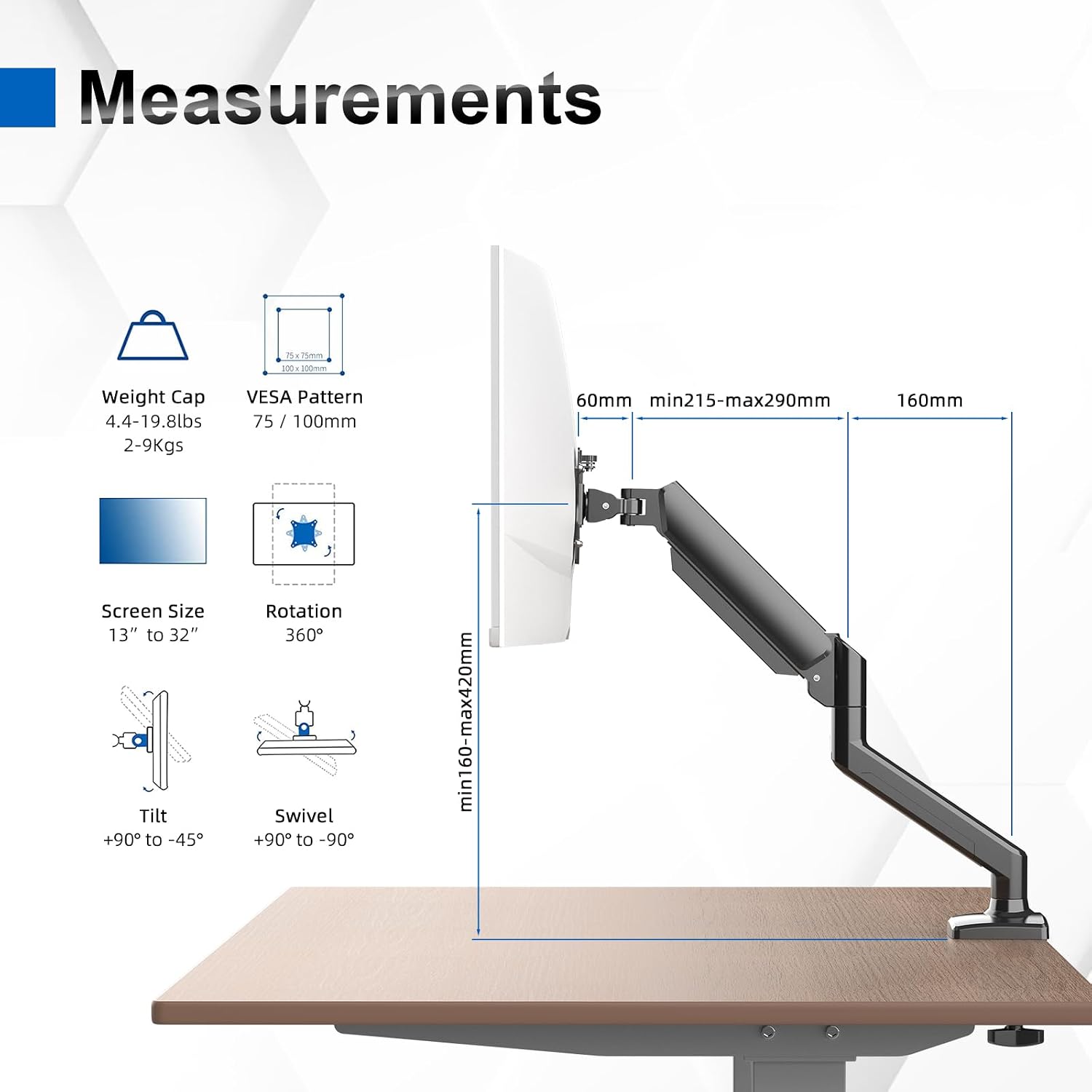 Detalle 2 de GRIFEMA GB2003-1 Single Monitor Arm Desk Mount (13–32 in) with Gas Spring, VESA 75/100mm, Black