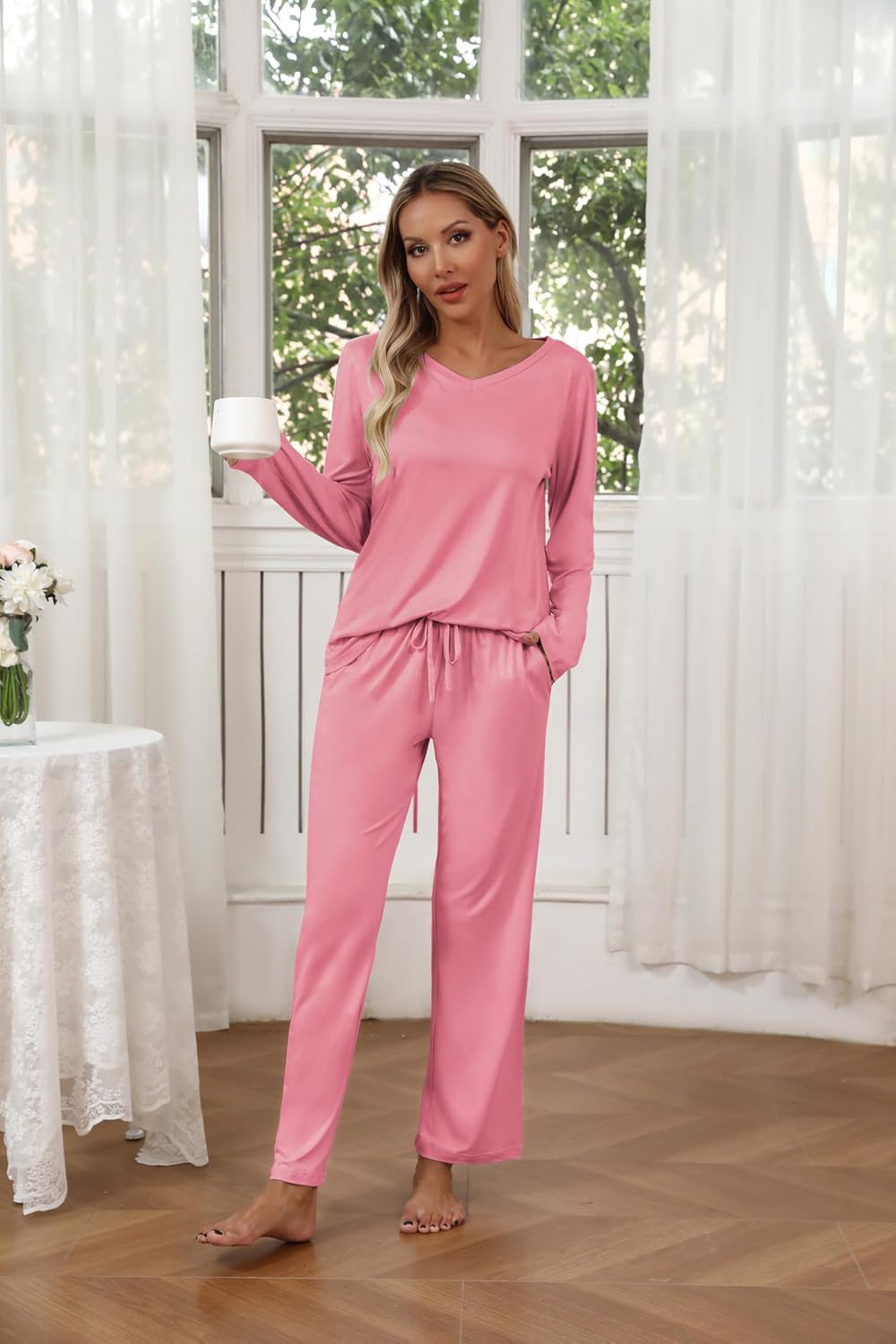 Detalle 2 de Ekouaer Women's 2-Pack Long-Sleeve Pajama Sets with V-Neck Tops and Pockets
