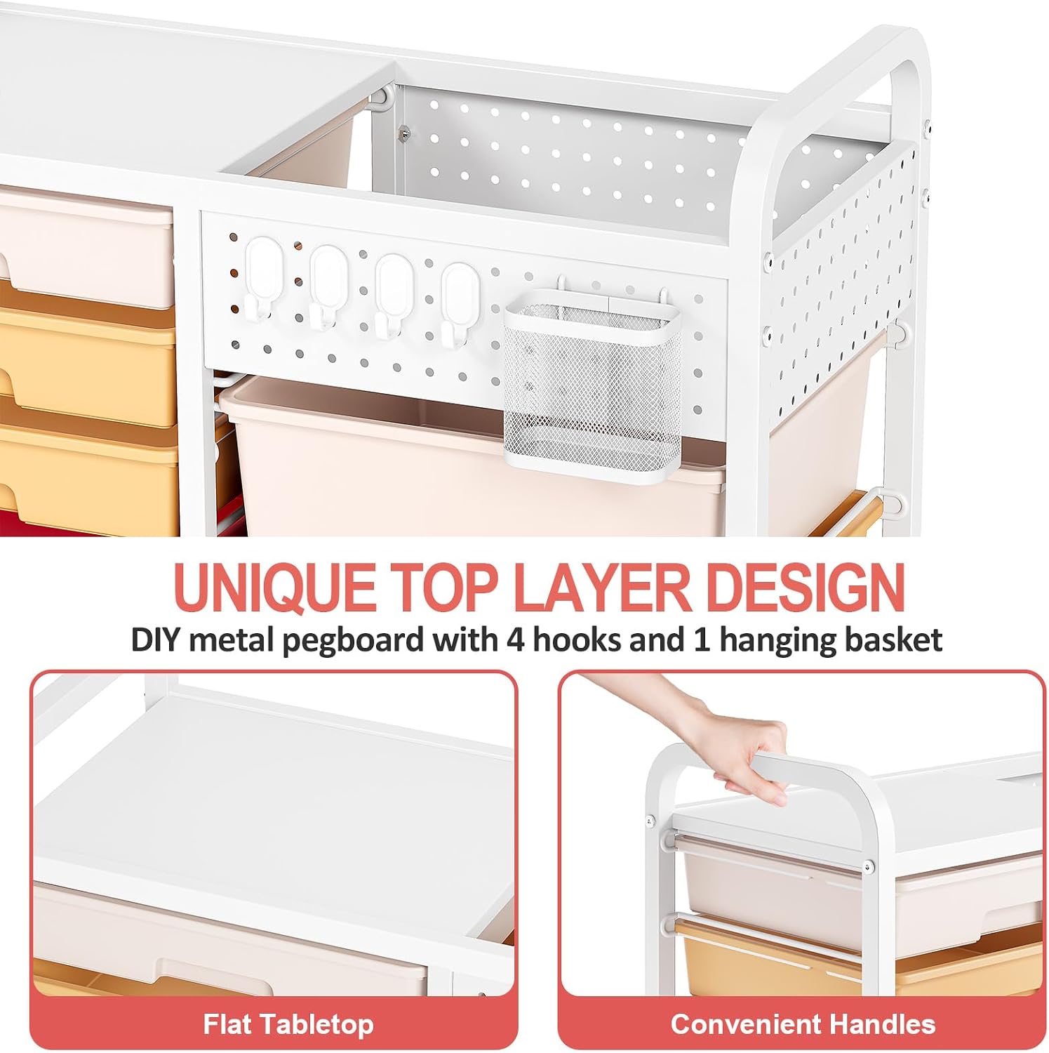 Detalle de SYKIARIOL 14-Drawer Storage Craft Organizer Trolley with DIY Pegboard – Multicolour