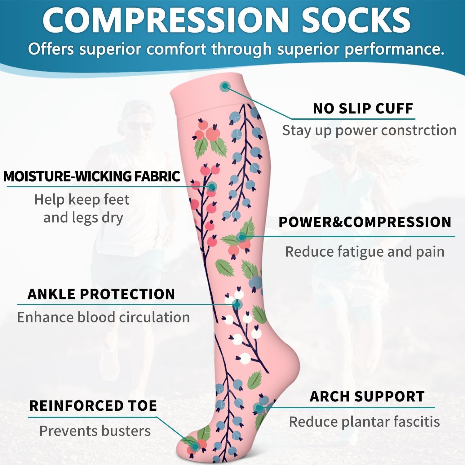 Detalle 2 de AWXUOCK Compression Socks for Women and Men, 15–20 mmHg, 6 Pack