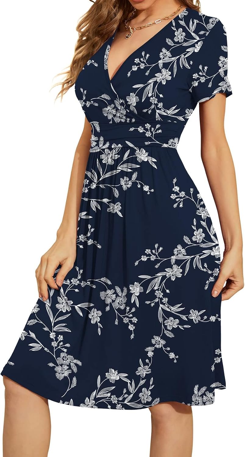 Detalle de WEACZZY Women’s Summer Short Sleeve Floral Wrap V-Neck Dress with Pockets