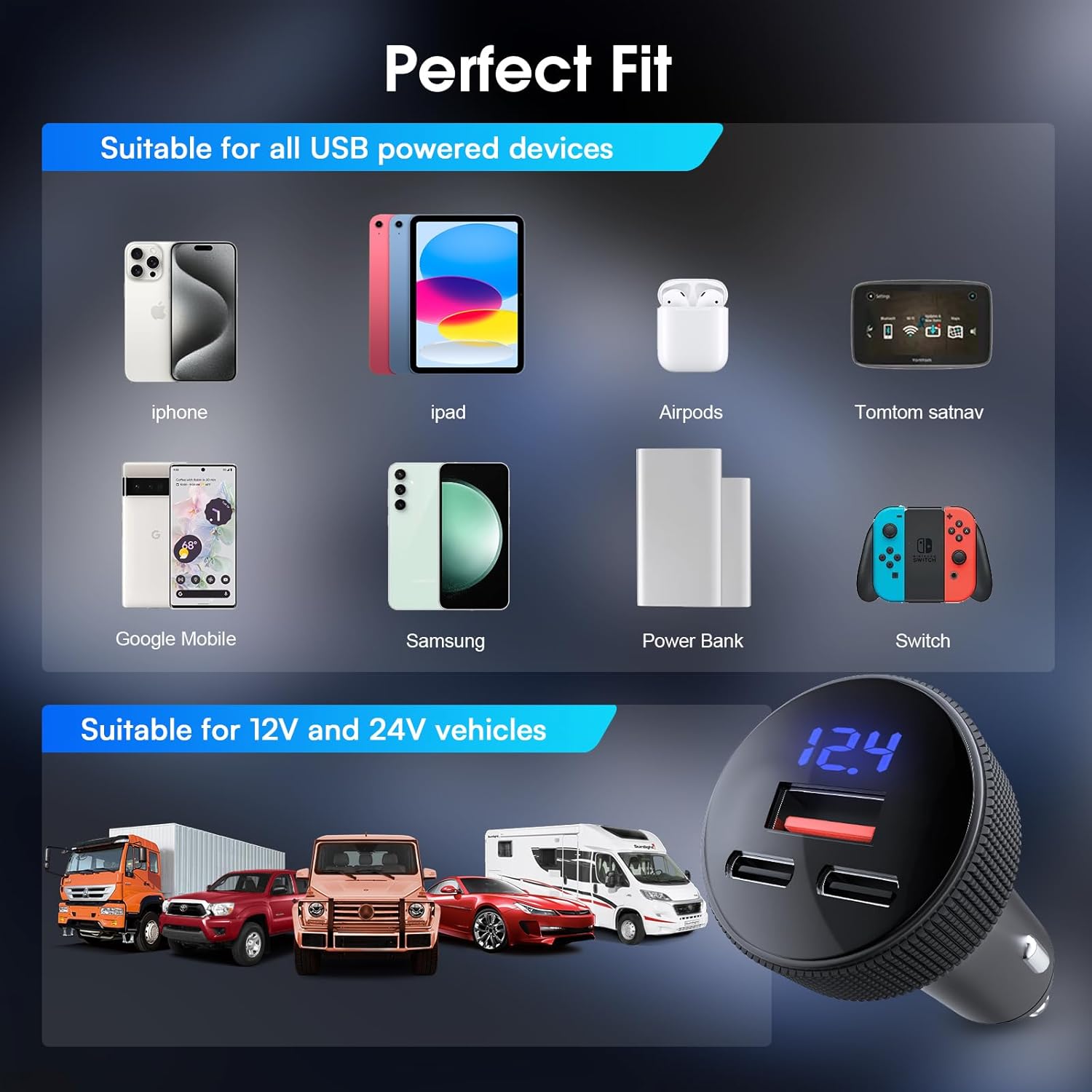 Thumbnail 6 de GemCoo 108W USB‑C Auto-Ladegerät (Dual PD + QC3.0) mit 3 Ports und LED-Voltmeter, KFZ-Zigarettenanzünder