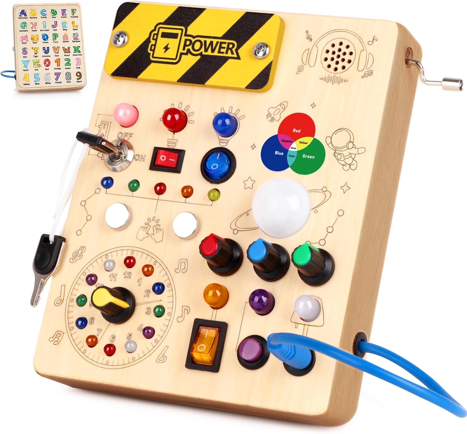 Detalle de Konijiwa Montessori Busy Board de madera para niños (12 interruptores y 24 luces LED)