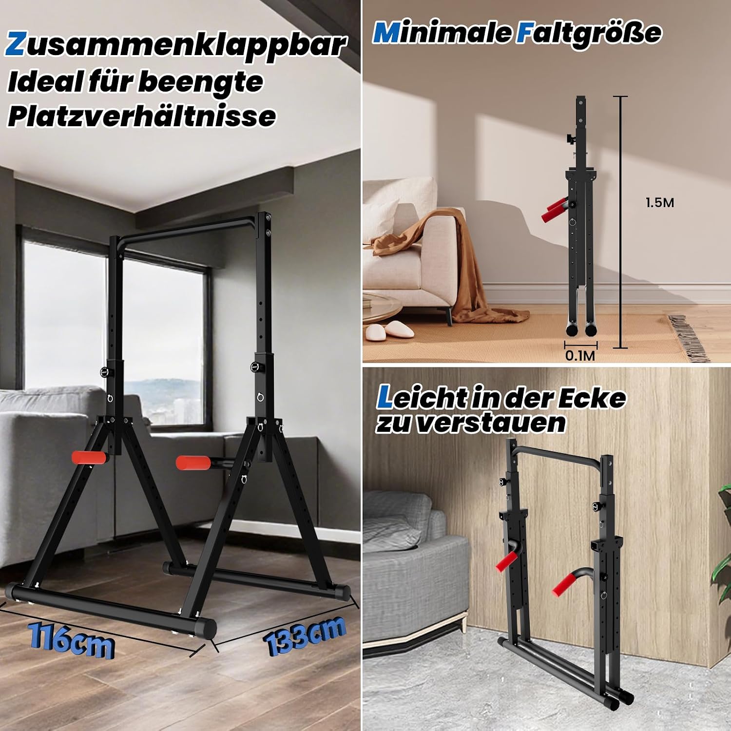 Detalle de DOBESTS Faltbar Power Tower Dip Station – Freistehend, Höhenverstellbar, Dreiecksstruktur