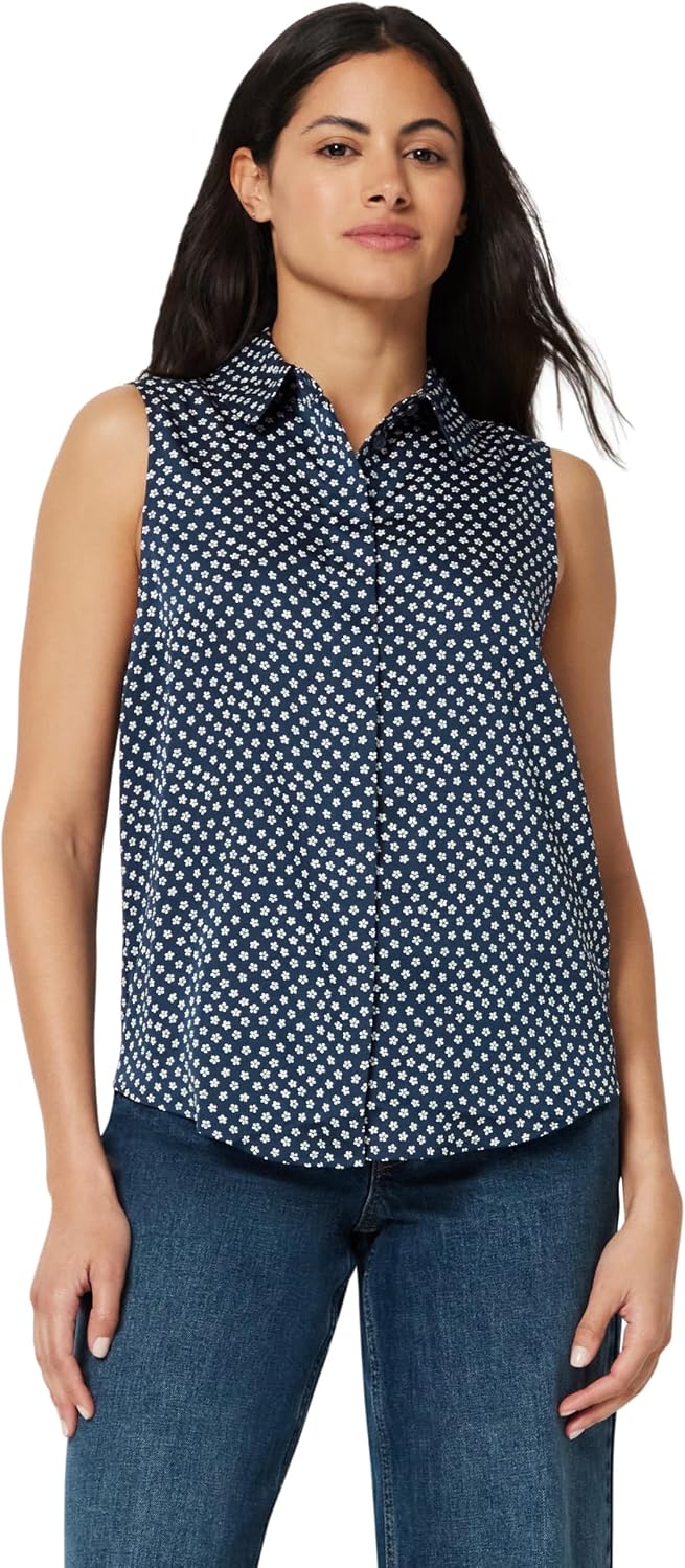 Detalle de Amazon Essentials Damen Ärmellose Bluse mit Knopfleiste – Regular Fit, Satin