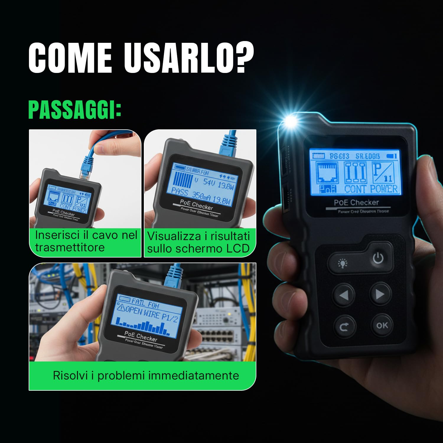 Thumbnail 6 de Tolesum Tester di Rete RJ45 con LCD e test PoE per individuare corto, incrocio e circuito aperto