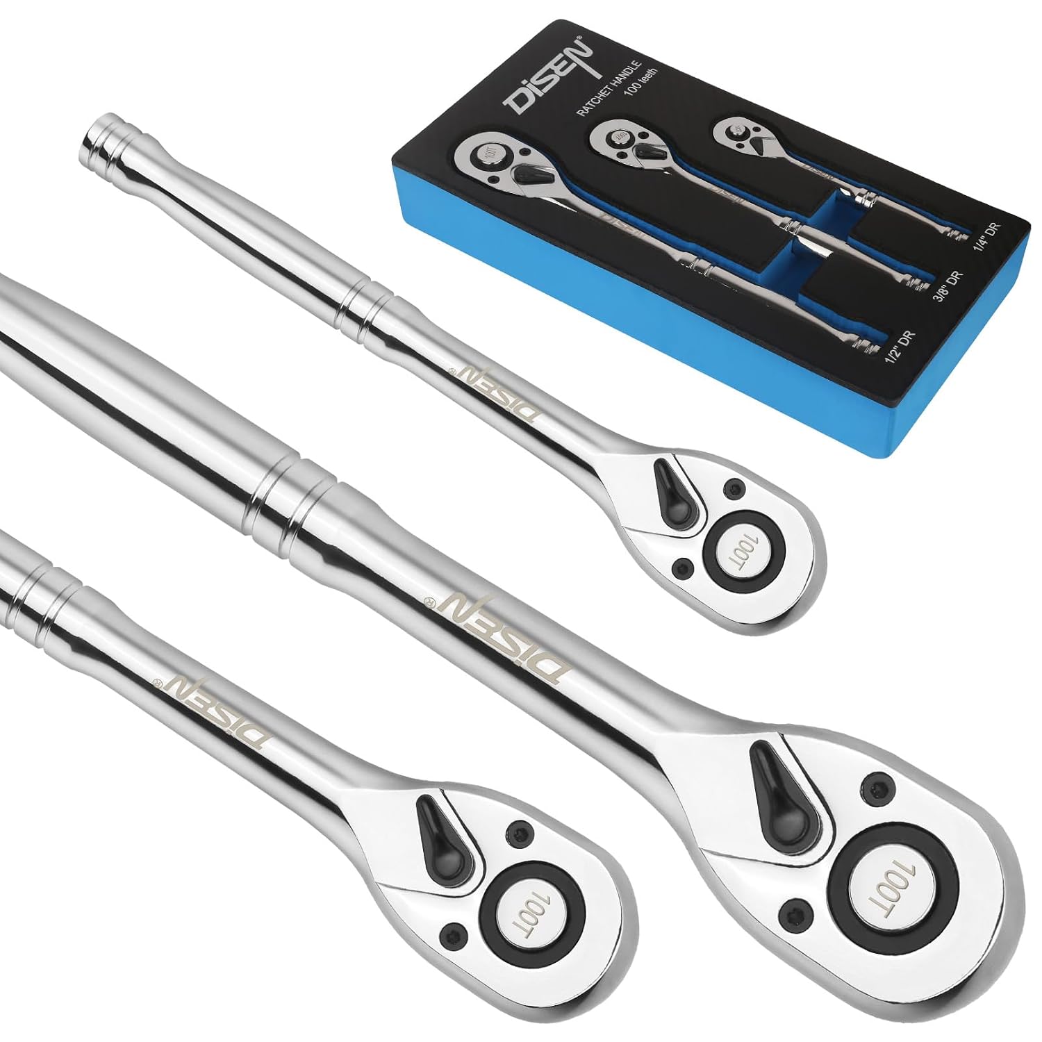 Detalle de DISEN DISEN-3BZGBJLB-100 Ratchet Set, 3 Drive Sizes, 100-Tooth Mechanism