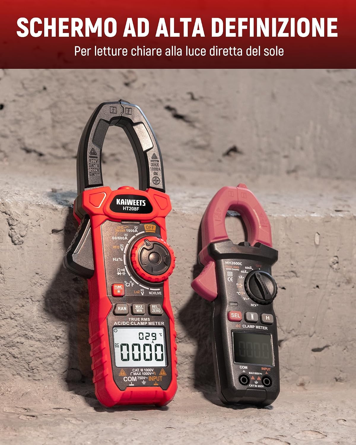 Detalle 2 de Pinza Amperometrica KAIWEETS HT208F AC/DC 1000A: ampere digitale con conteggio e funzioni avanzate