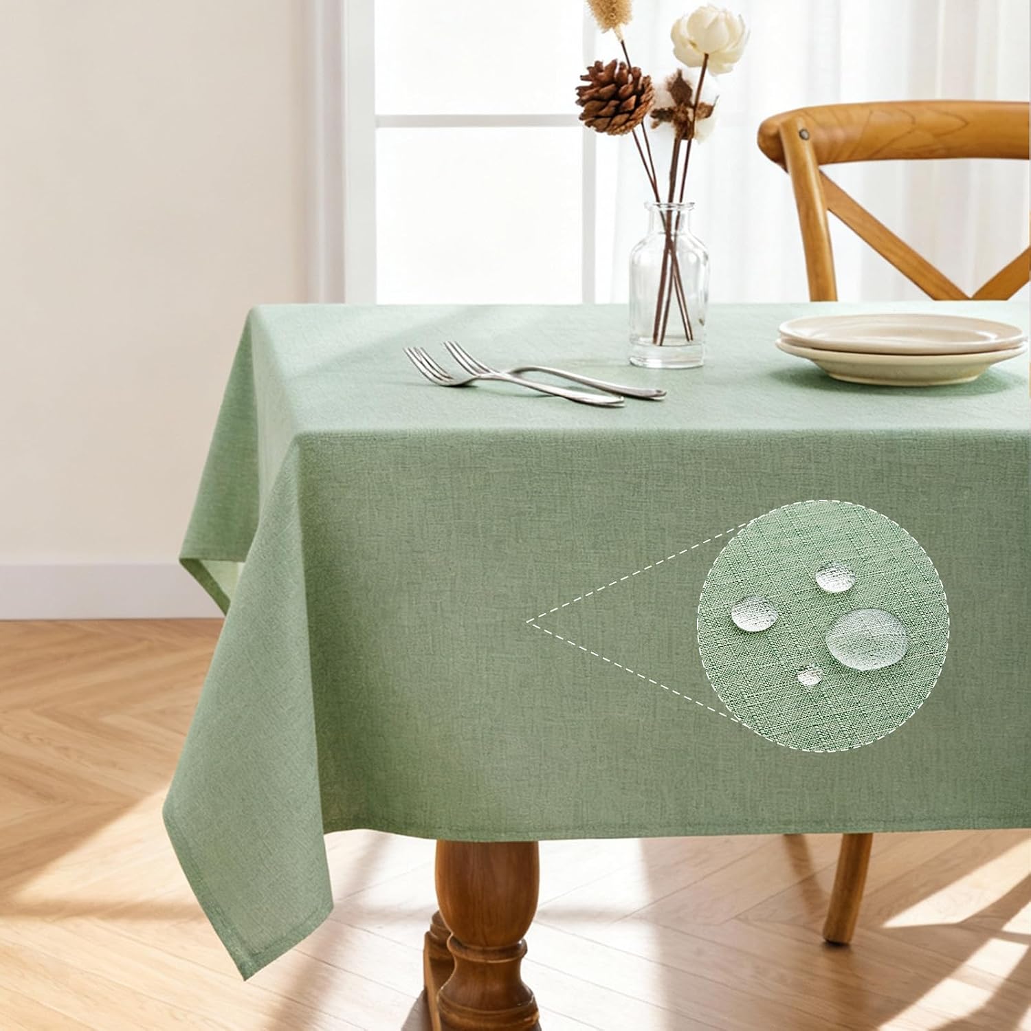 Detalle de Pureegg Rectangle Linen Tablecloth (Waterproof & Stain Resistant, Wrinkle-Free) — Sage Green, 52 x 70 Inch