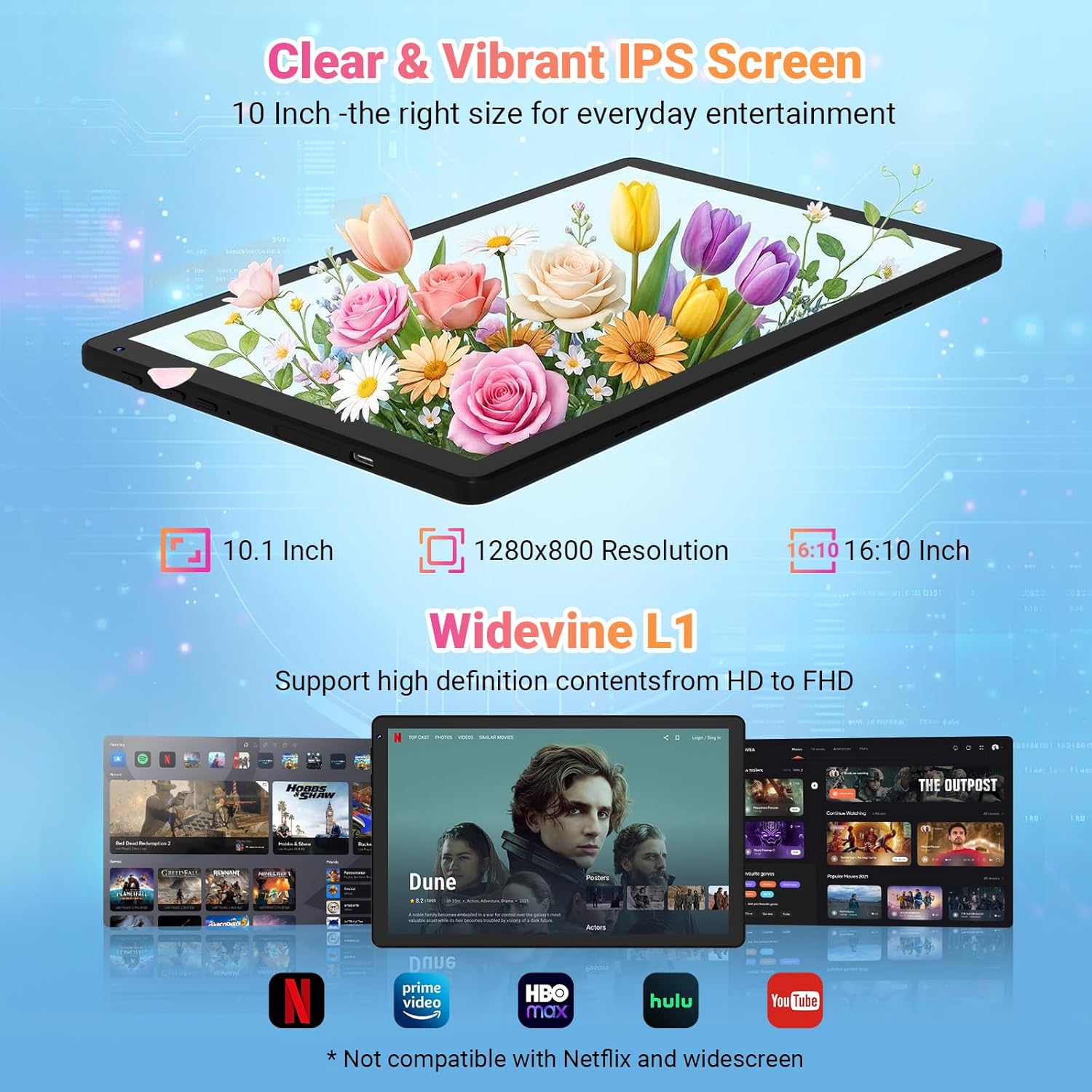 Thumbnail 5 de Gleeso 10-inch Android 16 Tablet (16GB RAM, 1TB TF, Widevine L1, BT 5.4/5G WiFi) with Face Unlock – Black