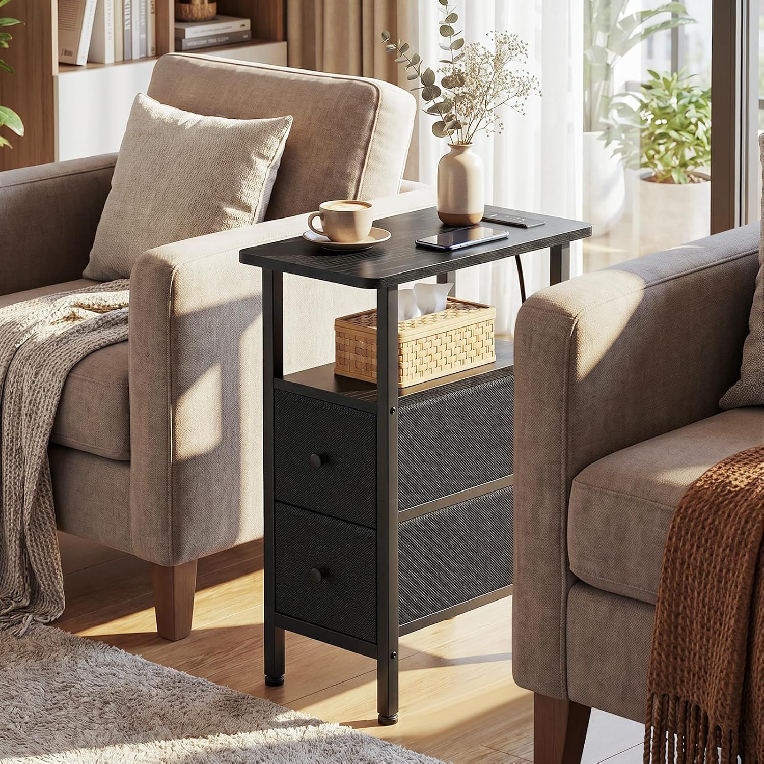 Thumbnail 1 de LOAKEKEL Narrow End Table with 2 Fabric Drawers