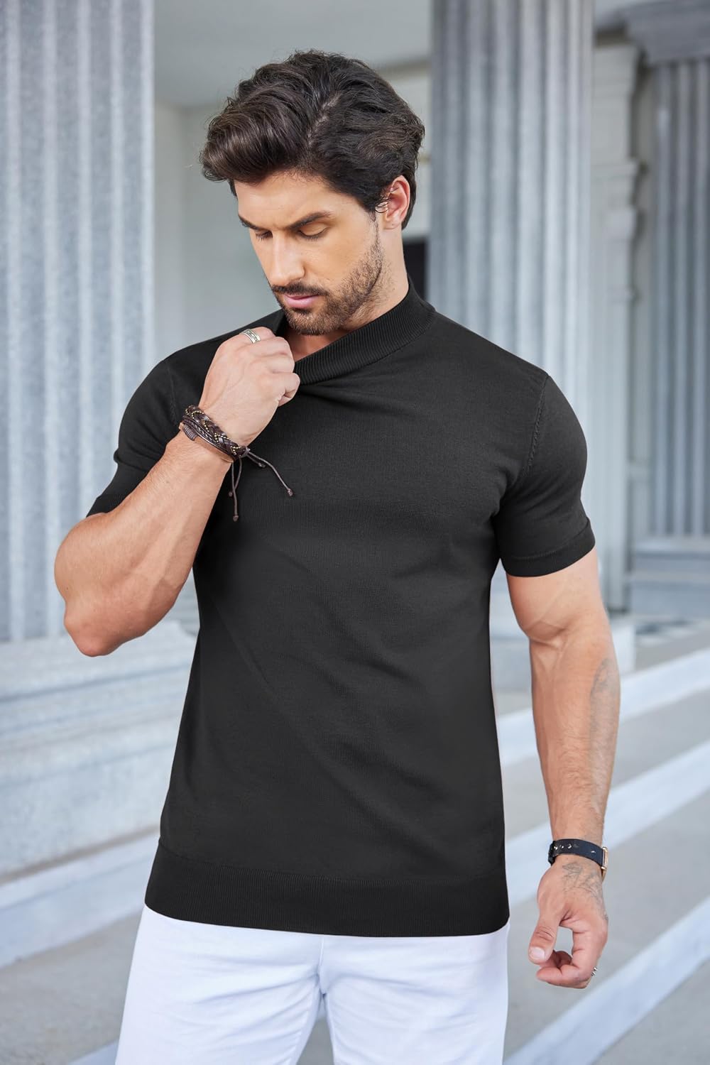 Detalle de COOFANDY maglietta da uomo a collo alto a maniche corte, slim fit basic