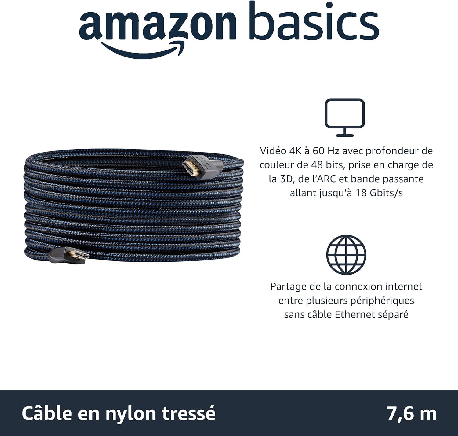 Detalle 2 de Amazon Basics Câble HDMI 2.0 mâle vers mâle tressé 7,6 m (25 pieds) – Noir