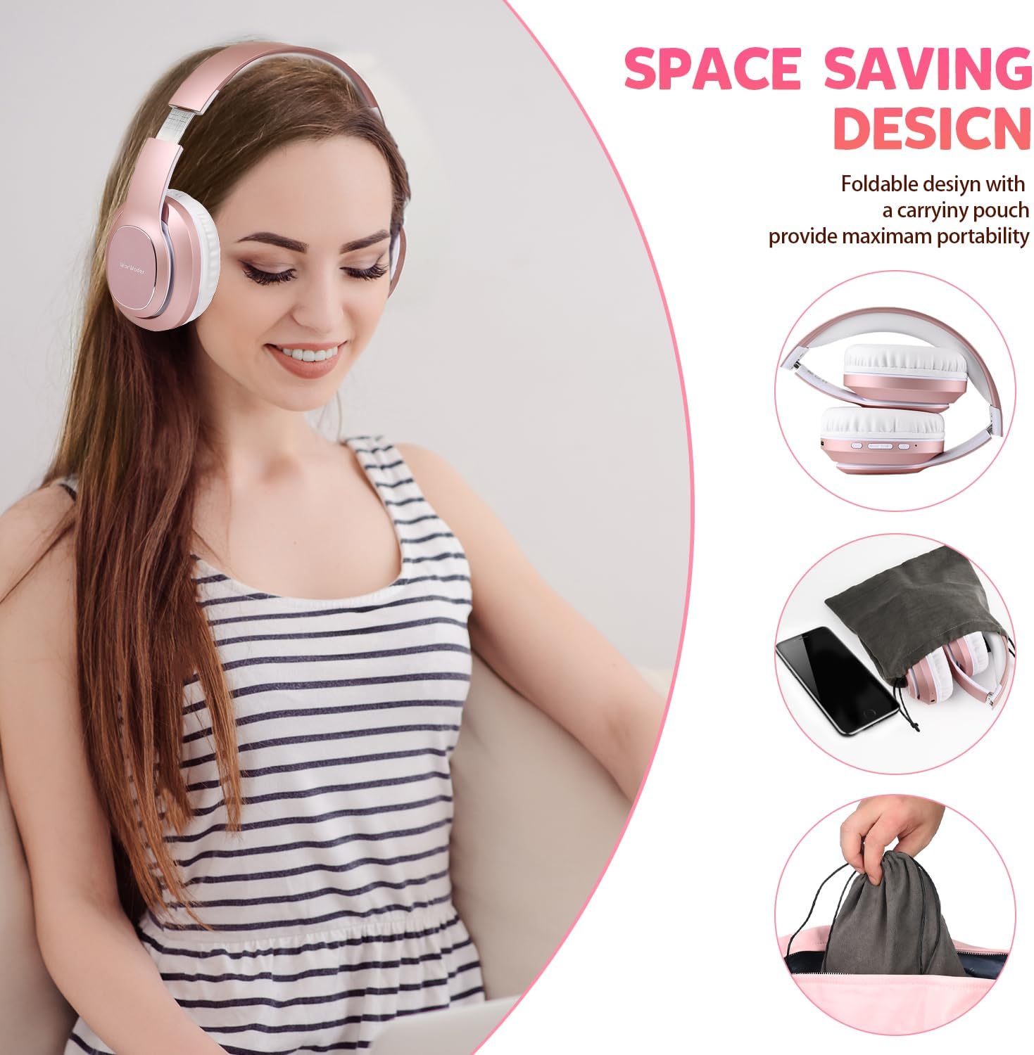 Detalle de WorWoder W-915 wireless over-ear headphones with 80 hours playtime and microphone (Rose Gold)