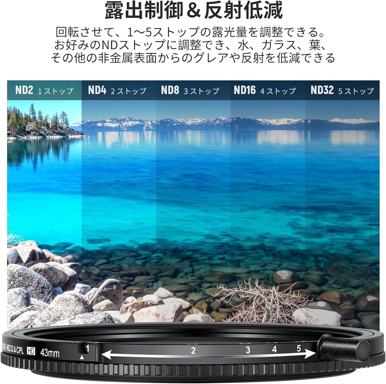 Detalle de NEEWER 43mm トゥルーカラー可変NDフィルター ND2-ND32・CPL一体型