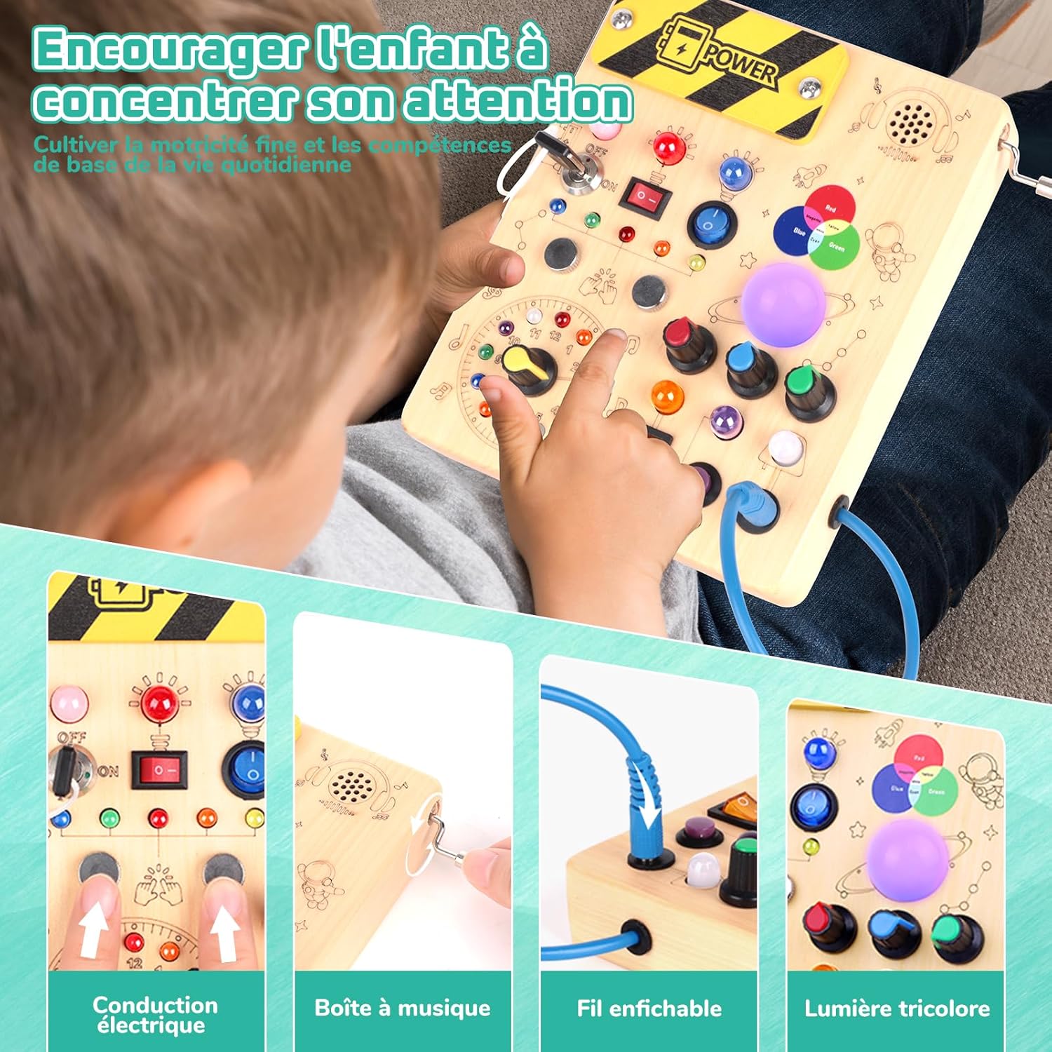 Thumbnail 2 de Busy Board Montessori en bois 1 an avec 12 interrupteurs et 24 lumières LED