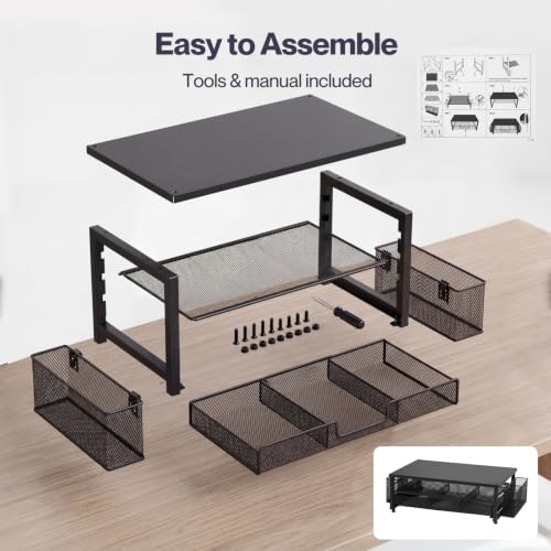 Detalle de Levede Black Metal Monitor Riser with Three-Section Drawer and Pen Holders