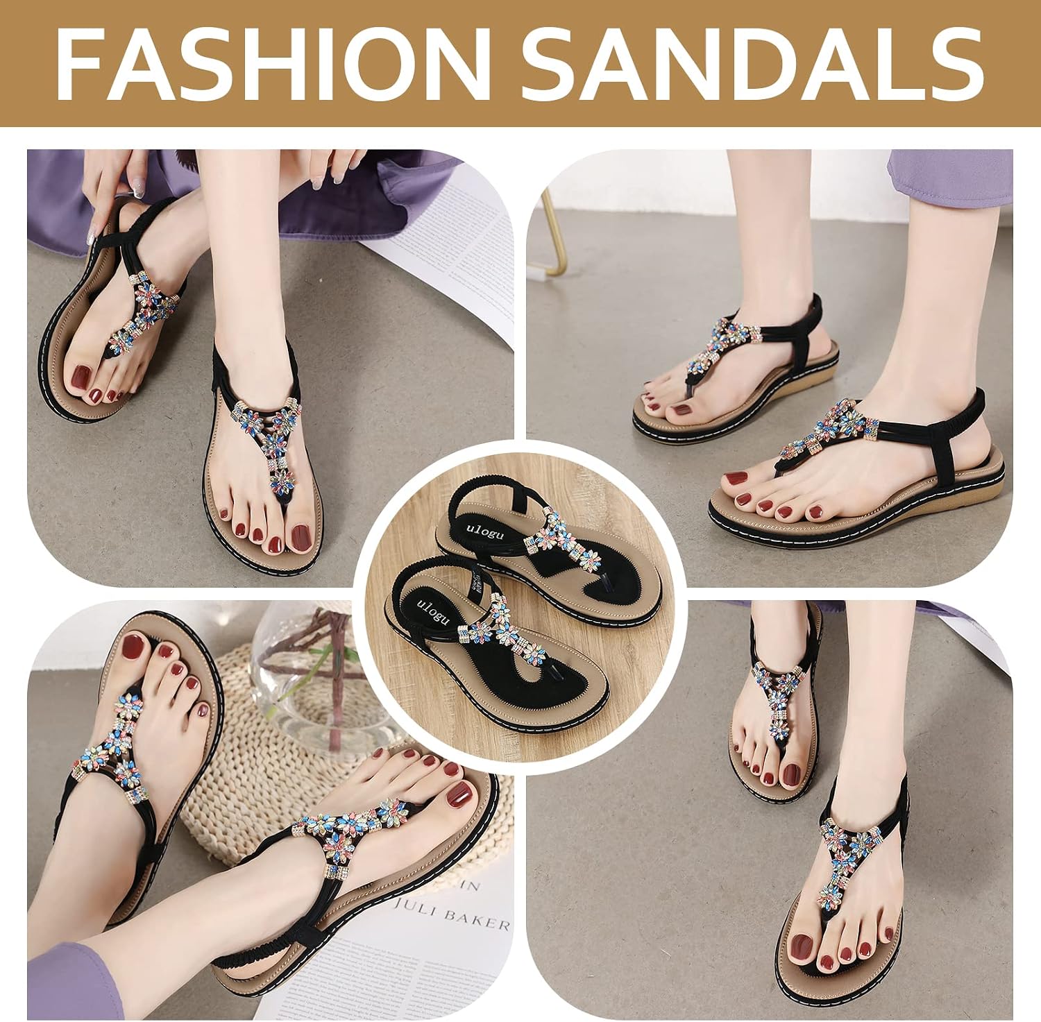 Thumbnail 5 de FOGOIN Women’s Flip Flops Leather Toe Post Sandals with Elastic T-Strap & Non-Slip Rubber Outsole