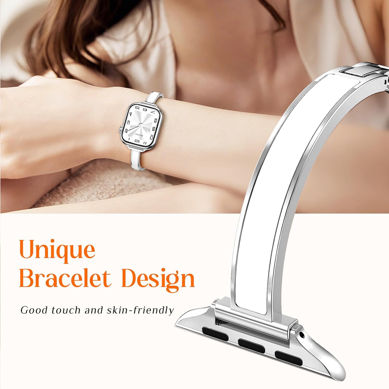 Detalle de Mesime Slim Dressy Watch Band for Apple Watch: Jewelry-Style Metal + Silicone Strap for Women (38mm–49mm)