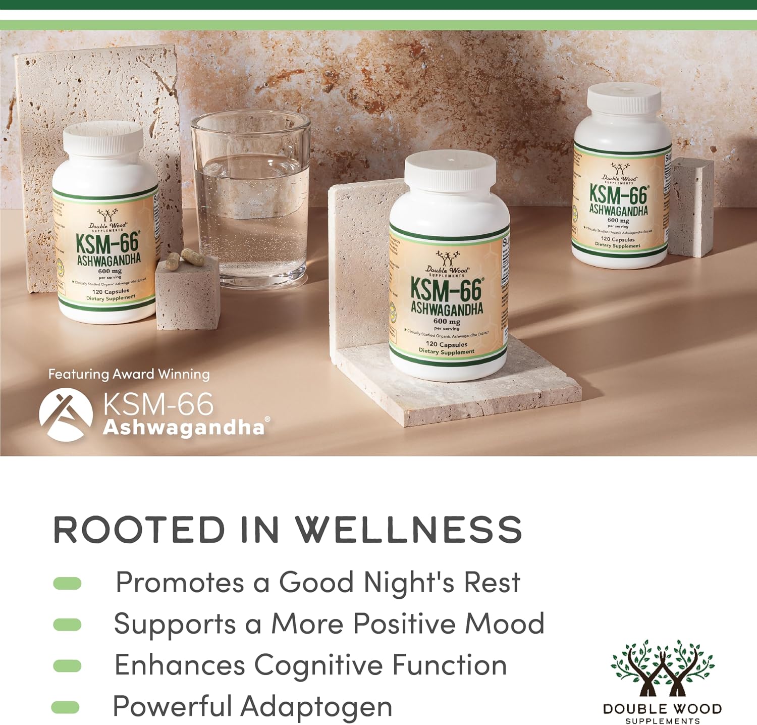 Detalle de Double Wood Supplements KSM-66 Ashwagandha Capsules, Organic, 120 Count