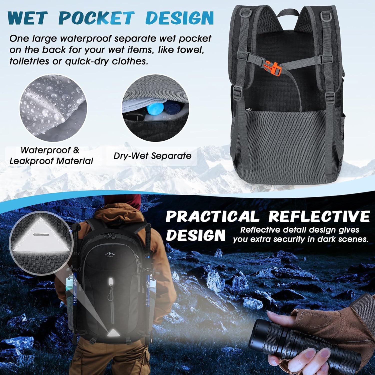 Detalle 2 de RAINSMORE Hiking Backpack 40L lightweight packable daypack