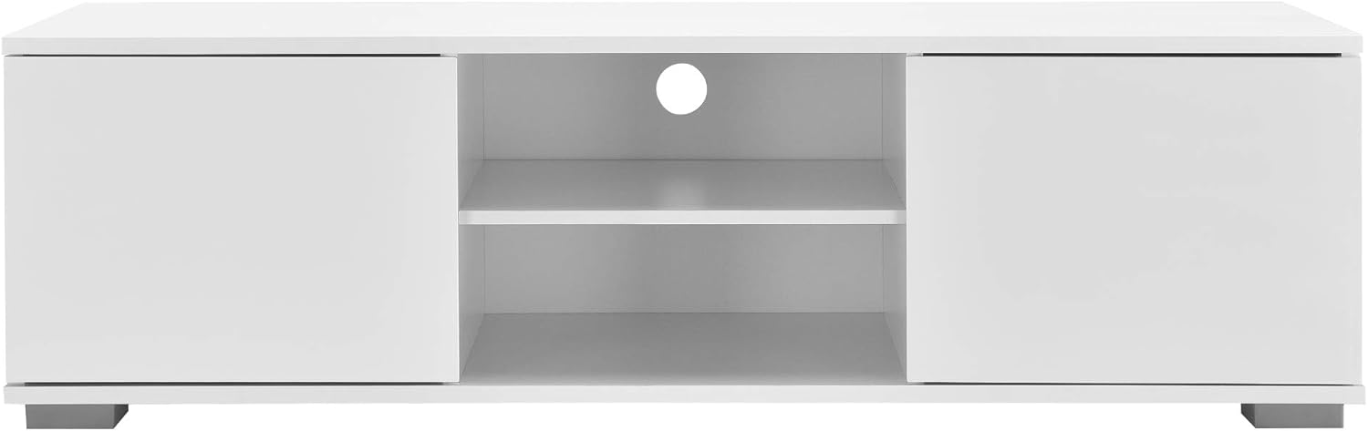Detalle de Mobile TV a 2 ante con scomparti chiusi e aperti, tavolino basso, porta TV e foro passacavi in Bianco Lucido – en.casa