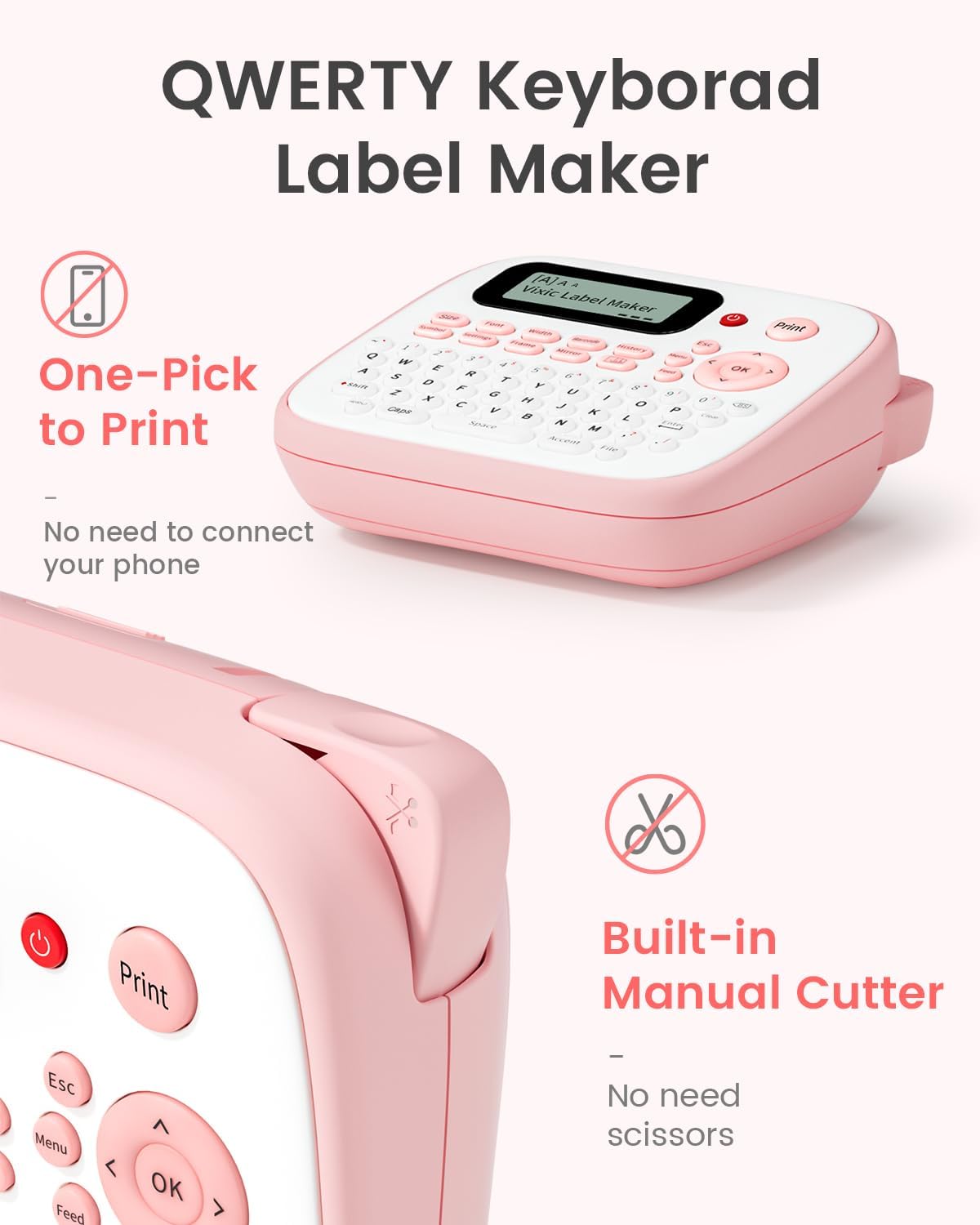 Detalle de Vixic D210S Pink Label Maker with Waterproof Laminated Tape and USB-C