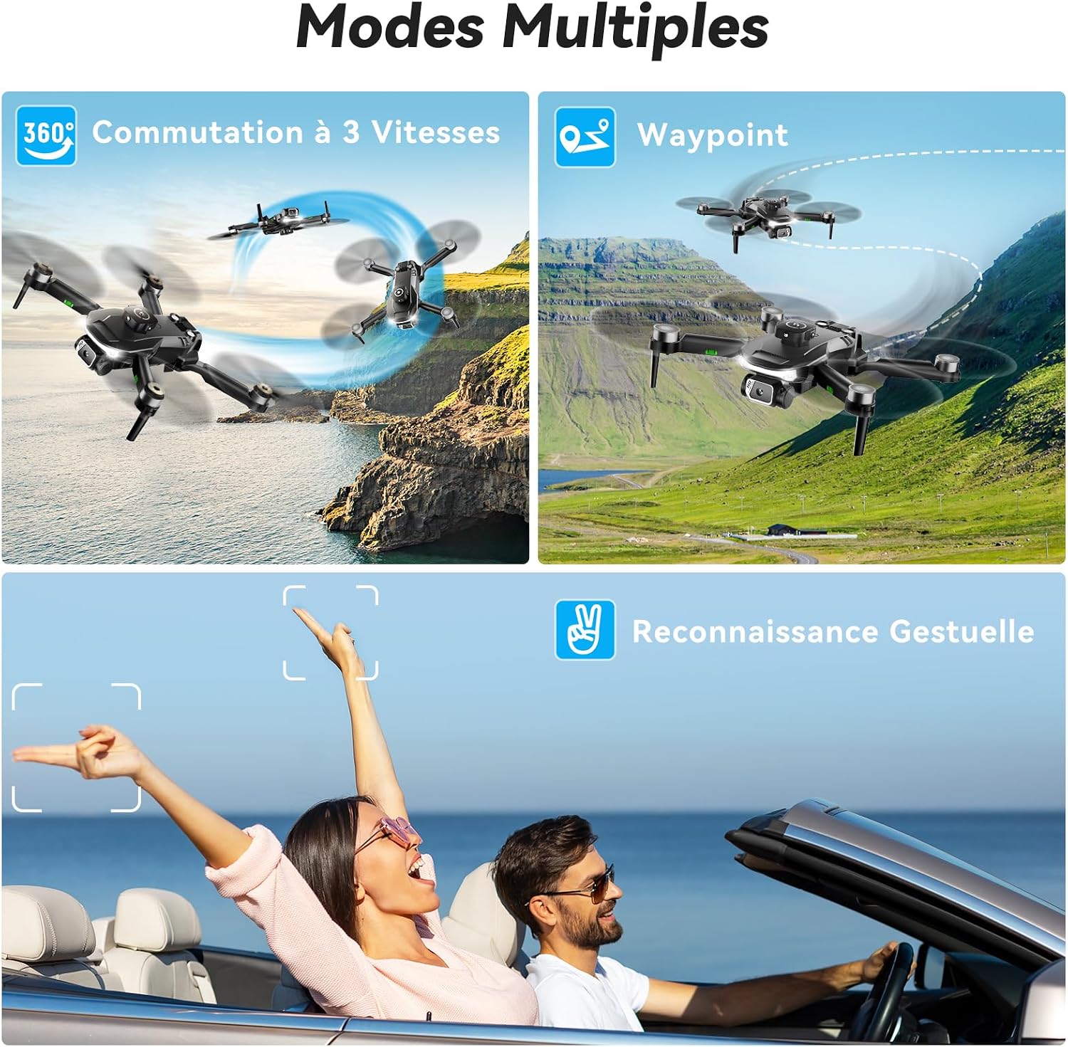 Detalle de Drone avec caméra 1080p, moteur sans balais et caméra réglable à 90°