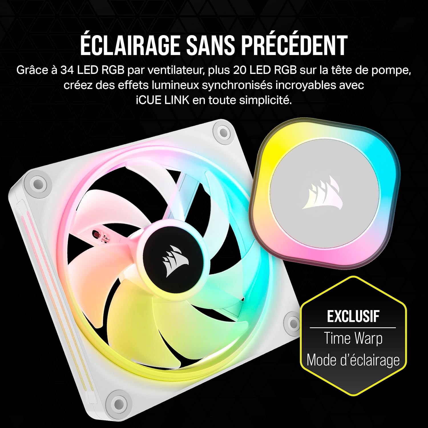 Detalle de CORSAIR iCUE Link H100i RGB – Watercooler AIO 240mm avec QX120 RGB et hub iCUE Link (Blanc)