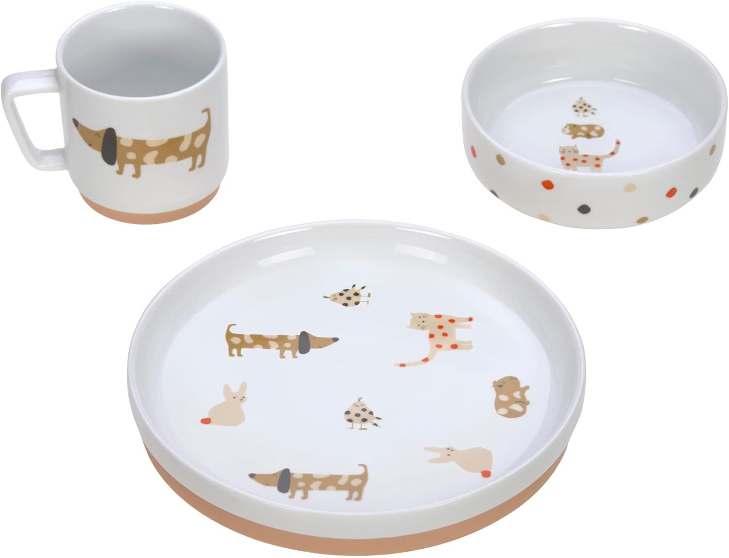 Detalle de LÄSSIG Porzellan Kindergeschirrset Little Mateys spicy orange – Teller, Schüssel und Tasse mit rutschfestem Silikonring