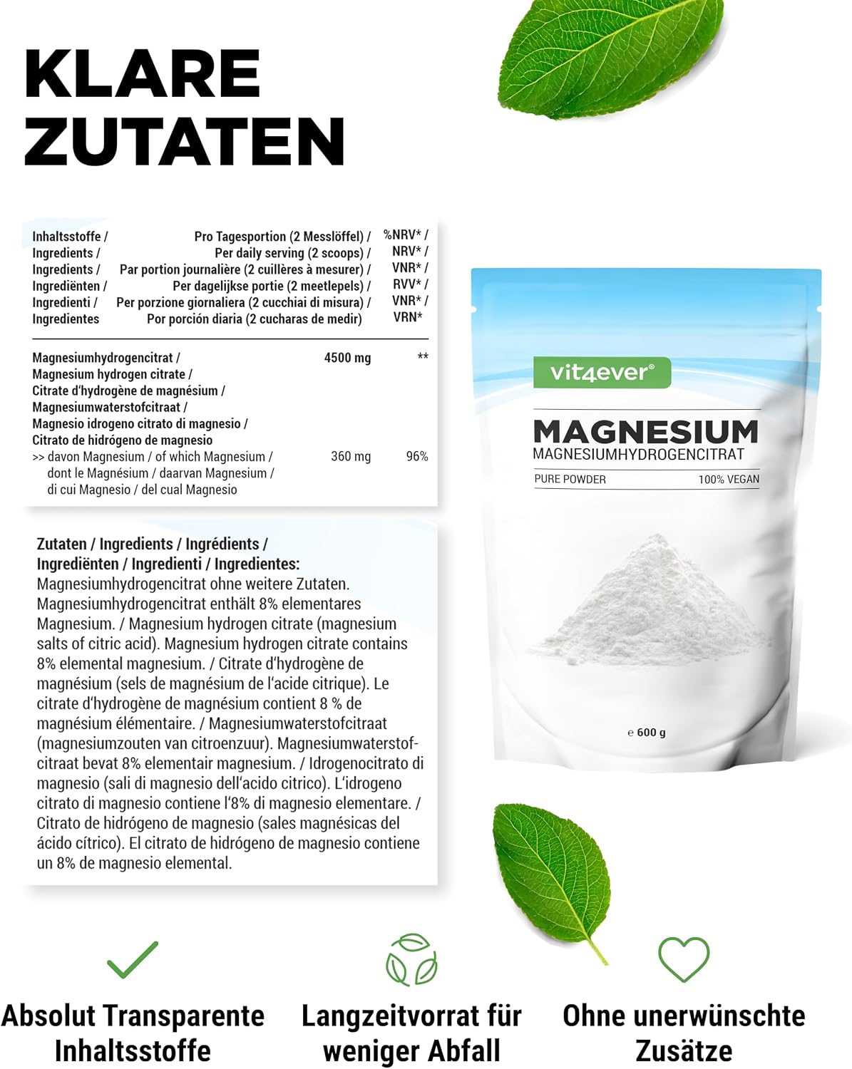 Detalle 1 de Vit4ever Magnesium Pure 600 g Pulver