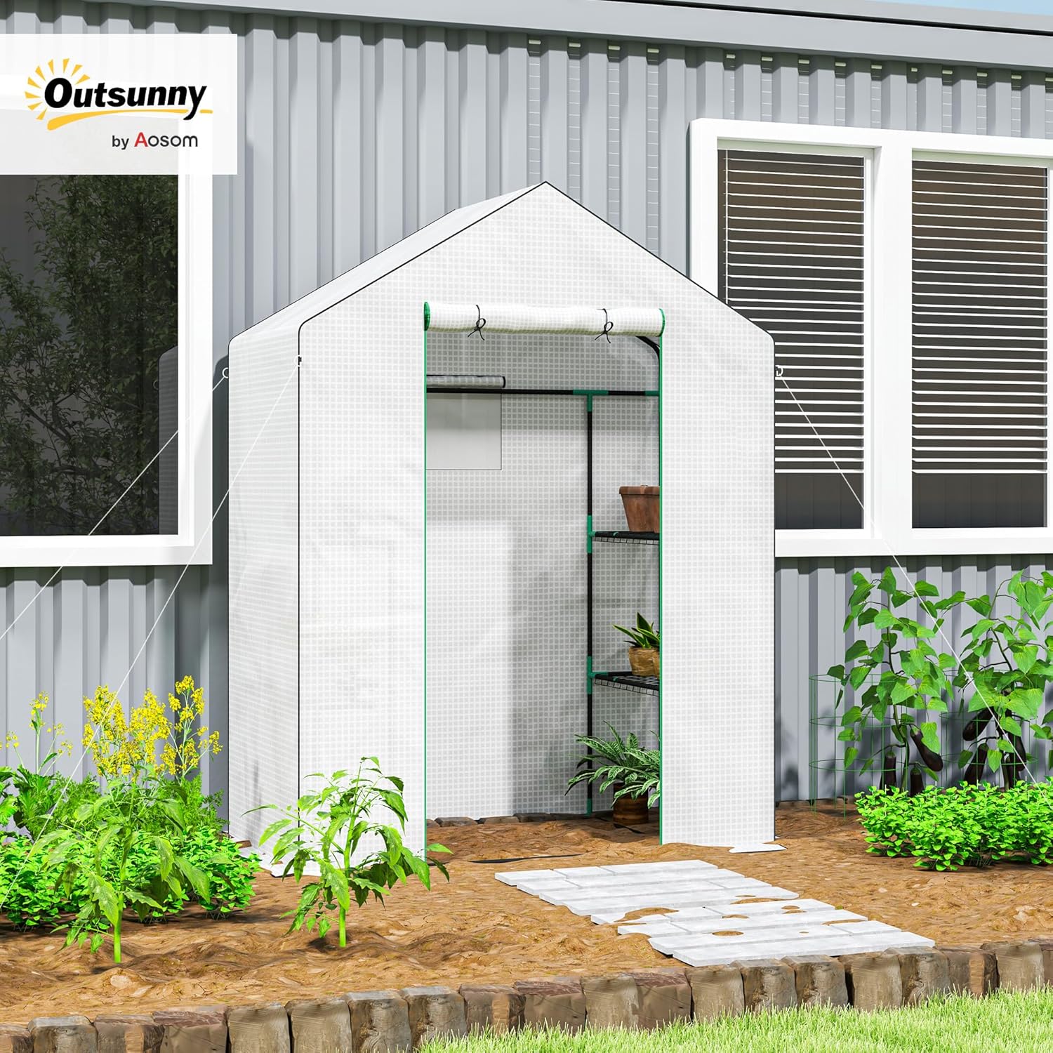 Thumbnail 1 de Outsunny Walk-in Greenhouse with Reinforced PE Cover, 3 Tier Shelves and Roll-up Door (143 x 74 x 190 cm)