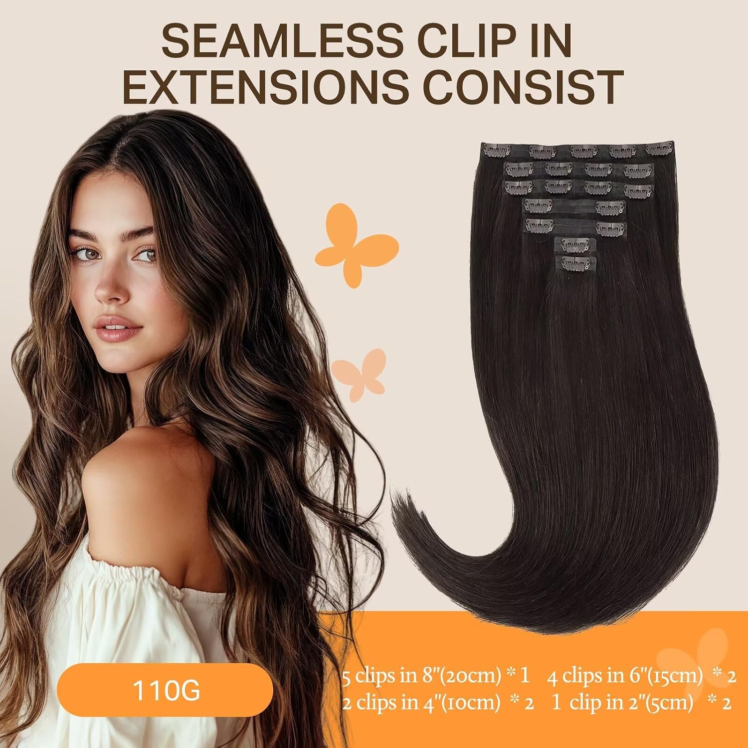 Detalle de DOORES Dark Brown Clip-In Hair Extensions (110g, 7pcs, 22 Inch) — Seamless Remy Hair with Invisi Edge