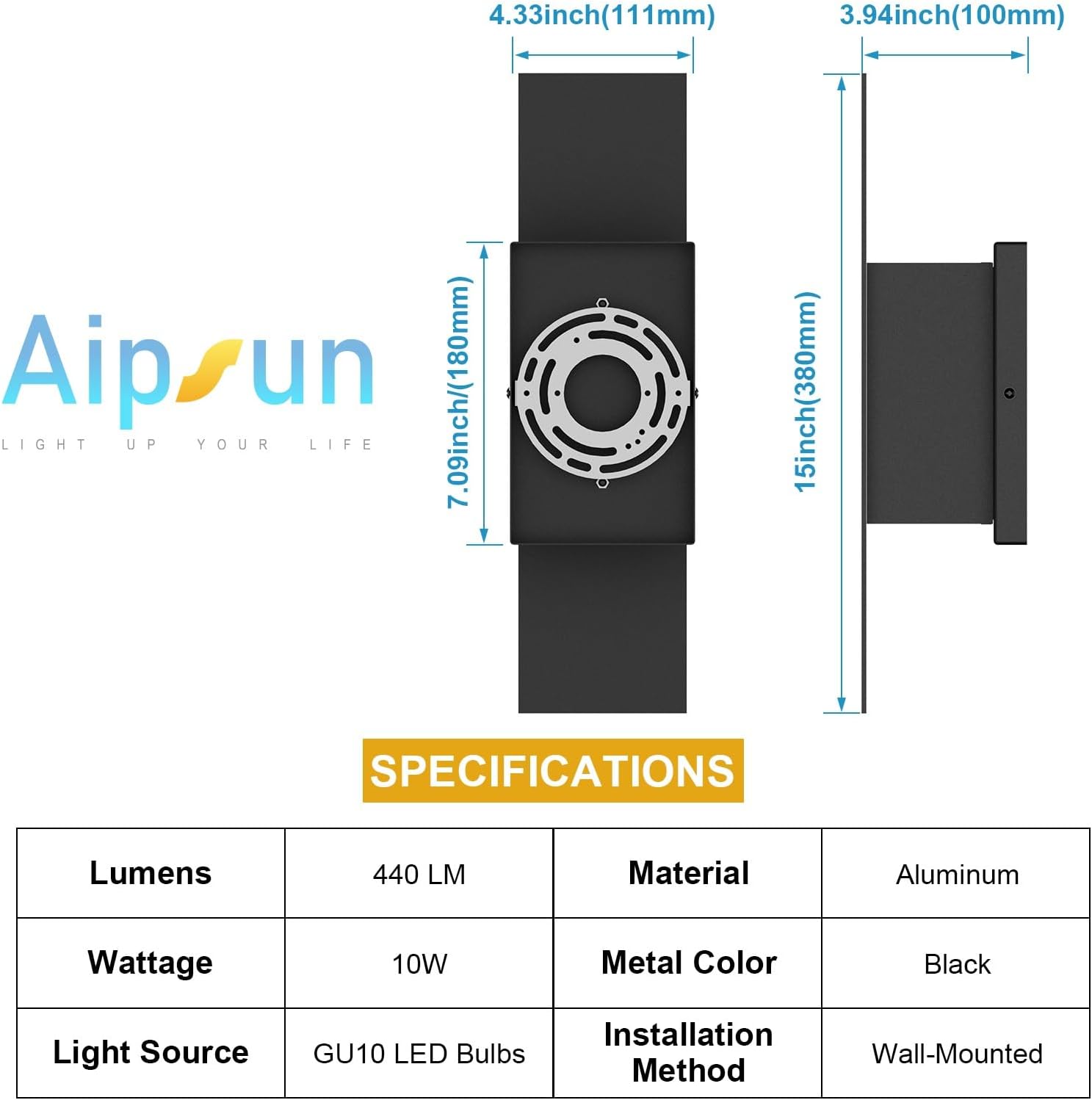 Detalle 1 de Aipsun HW507 Outdoor LED Up/Down Wall Sconces, 2-Pack, Black, 3000K, IP65