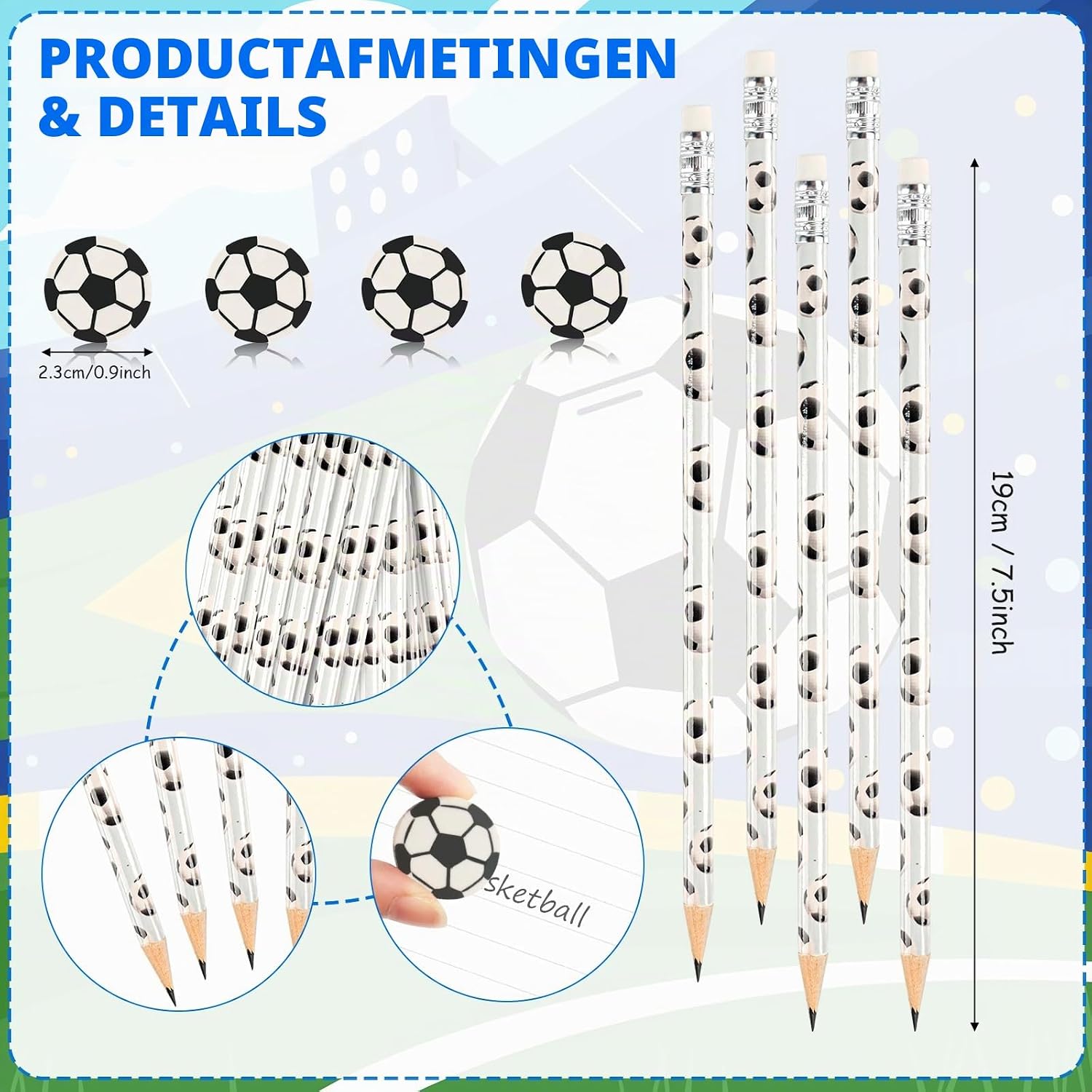 Detalle de Phlognfy voetbalpotloden en gummen, 48-delige set voor school en feestjes
