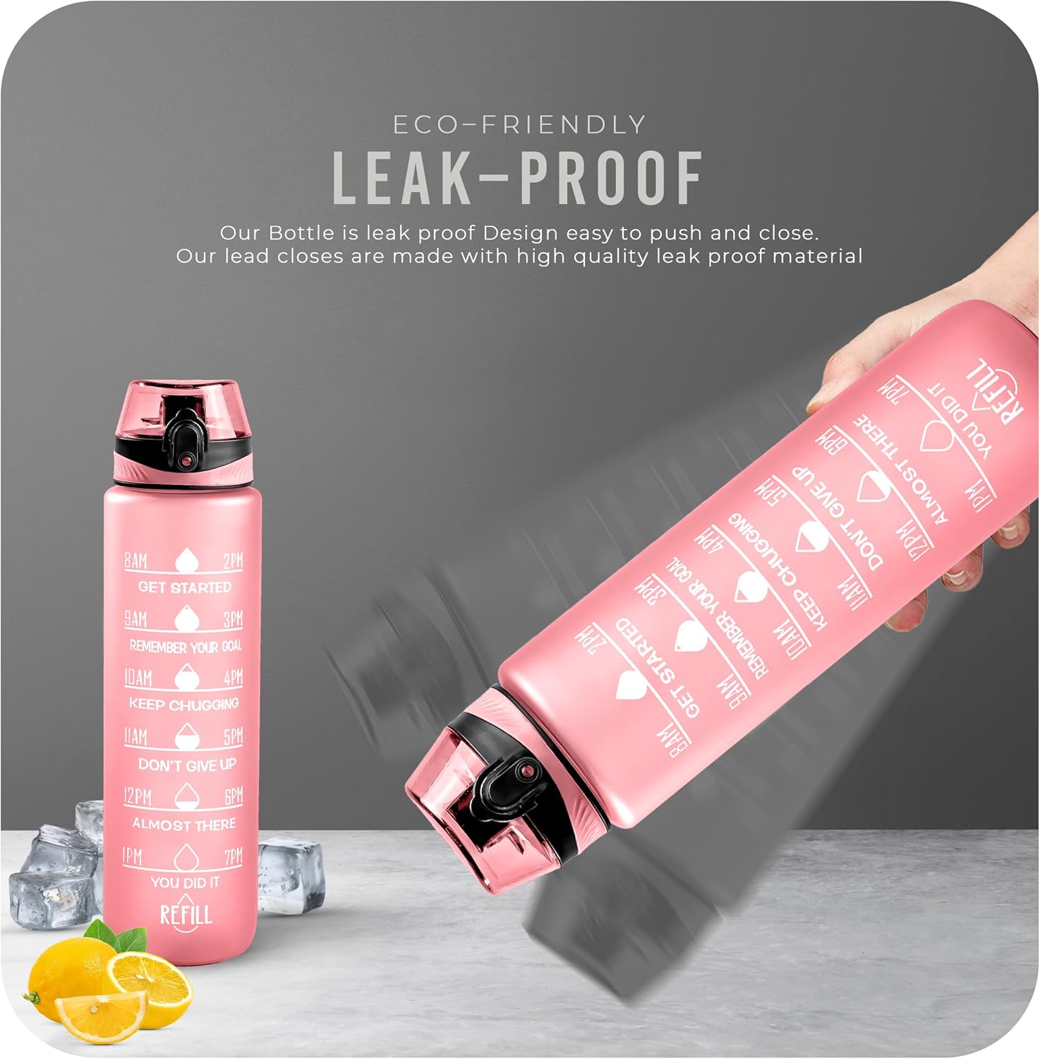 Thumbnail 2 de Roe Tenpo 1L Water Bottle – BPA-Free, Leak-Proof with Time Markings (Pink) for Running, Gym and Outdoors