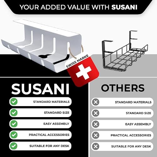 Detalle de SUSANI Kabelkanal Schreibtisch (Weiß) – extra langes 1er Set für Kabelmanagement am Arbeitsplatz, inkl. Zubehör